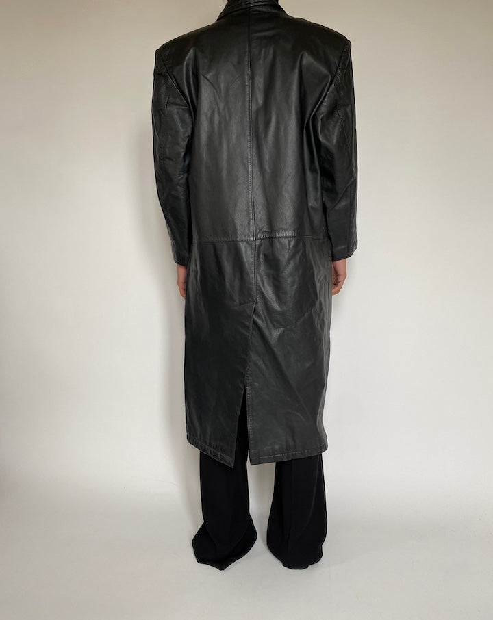 VINTAGE LONG BLACK LEATHER COAT 2185