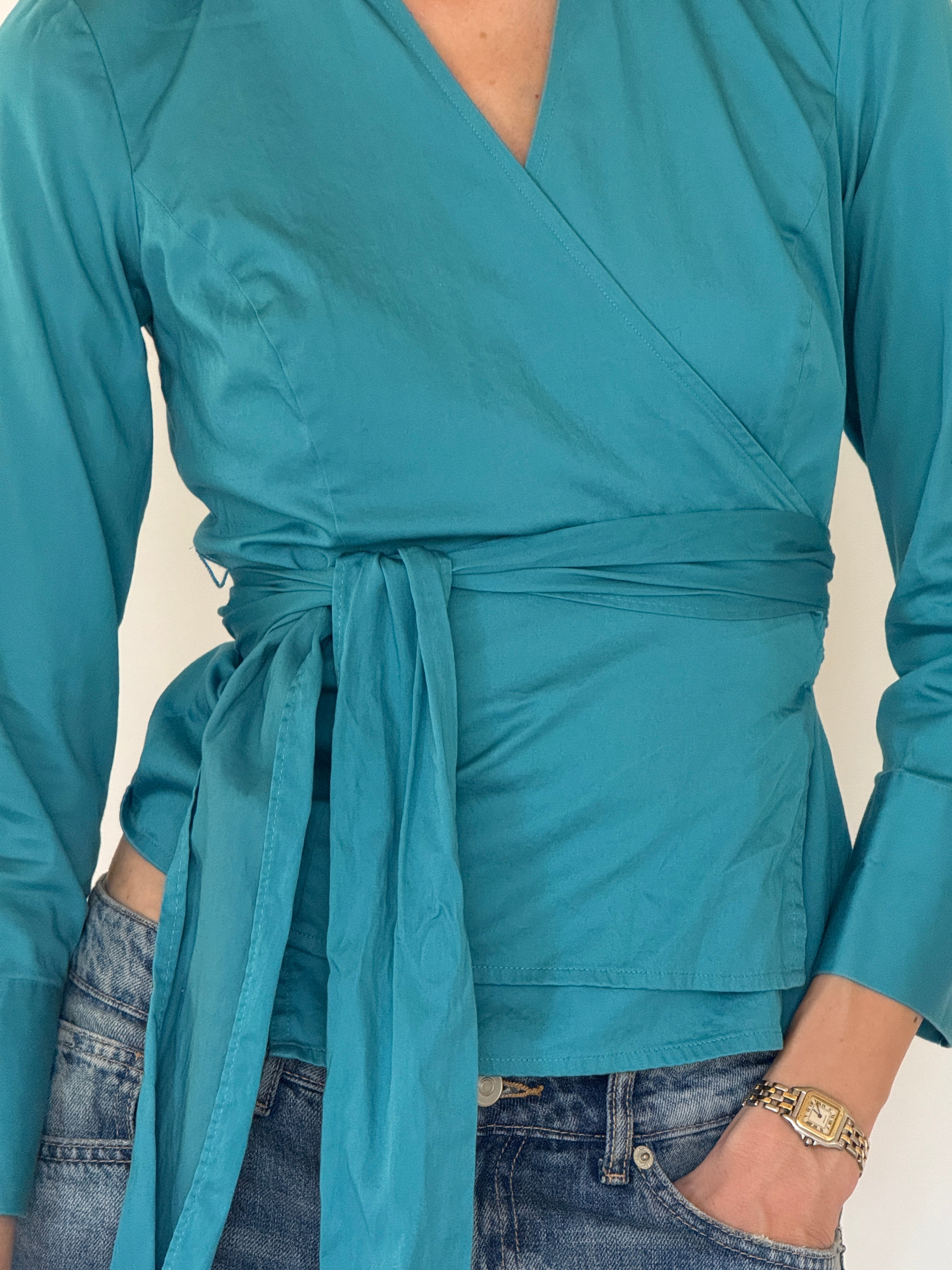 Vintage turquoise blouse with waist tie detail