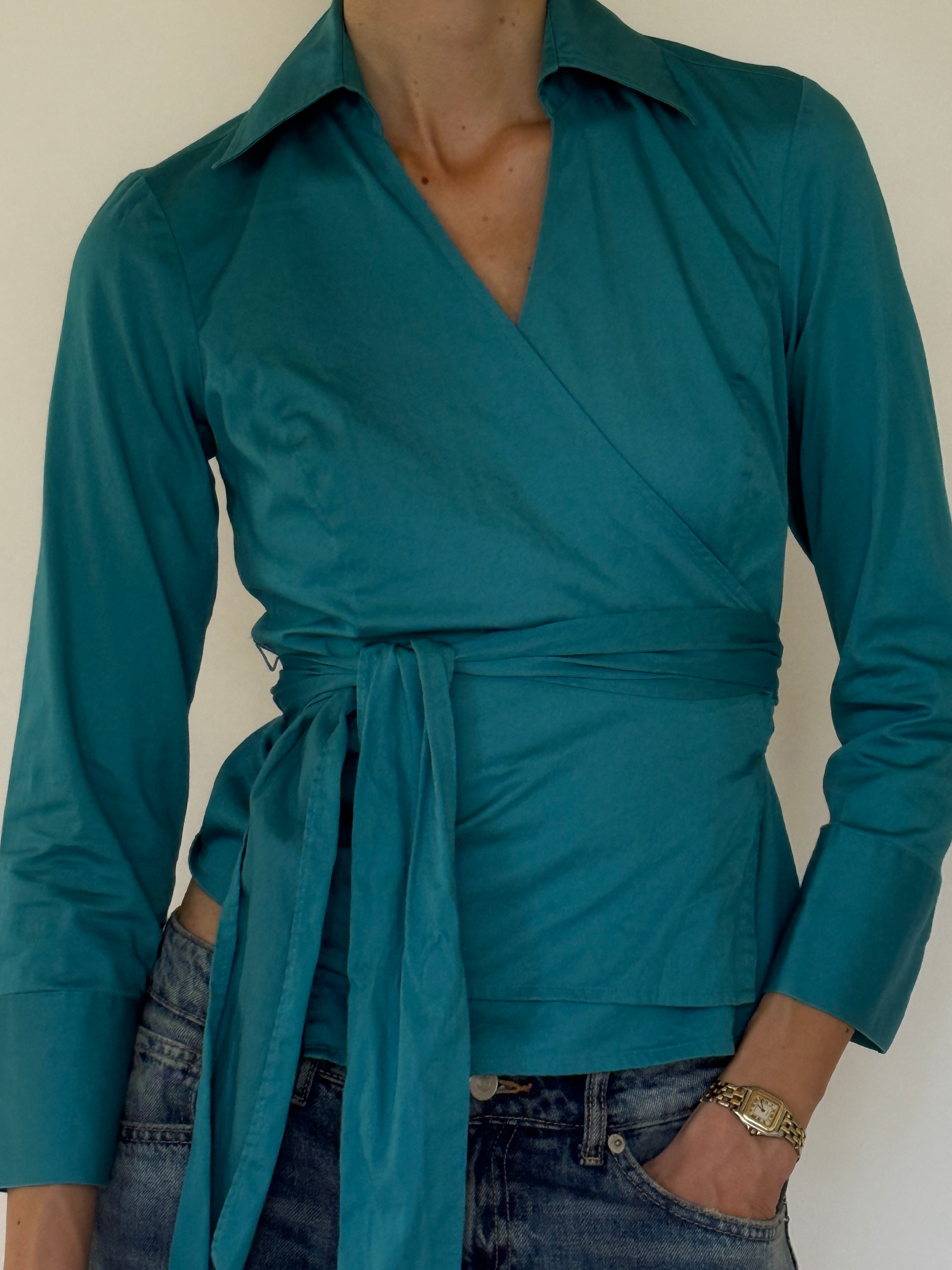 Vintage turquoise wrap tie blouse front view