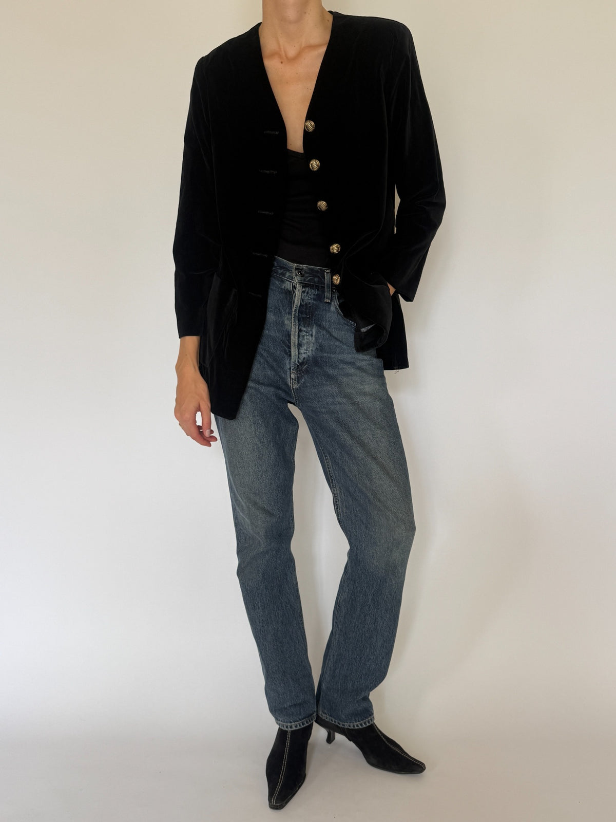 Vintage black velvet blazer front view