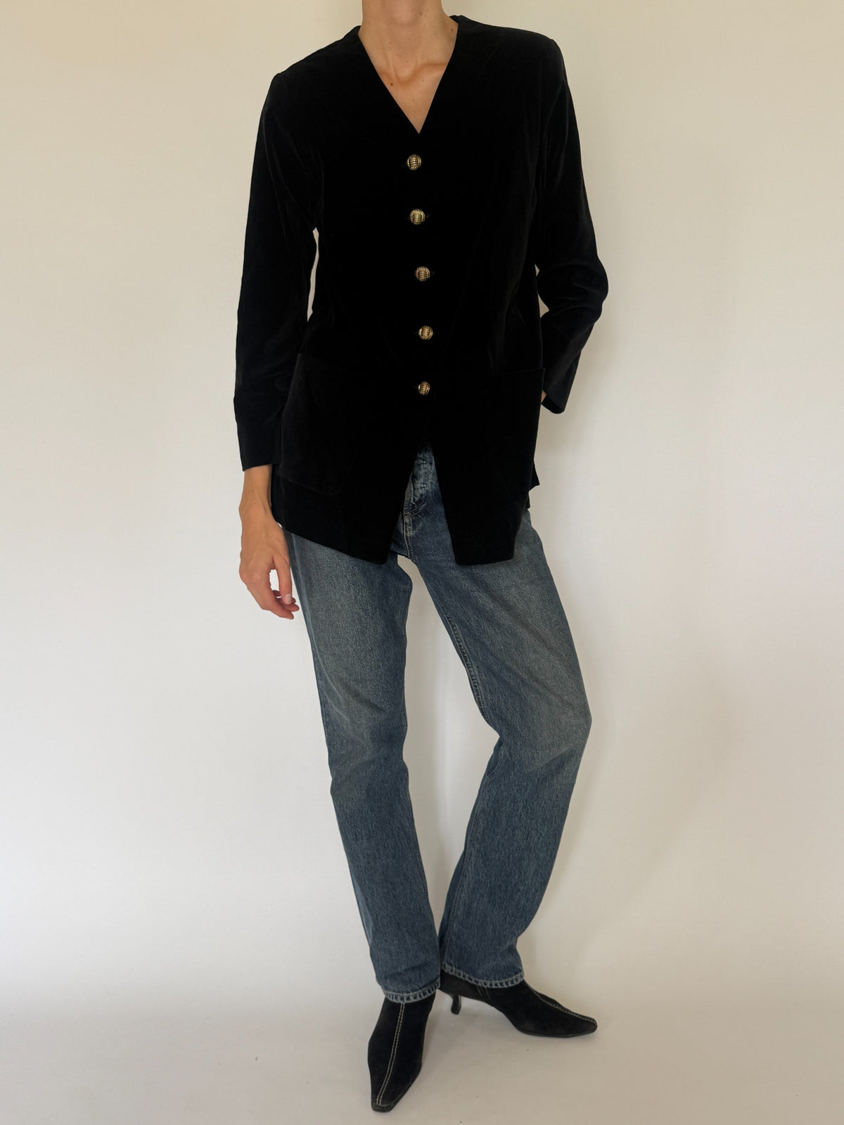Vintage black velvet blazer styled front view