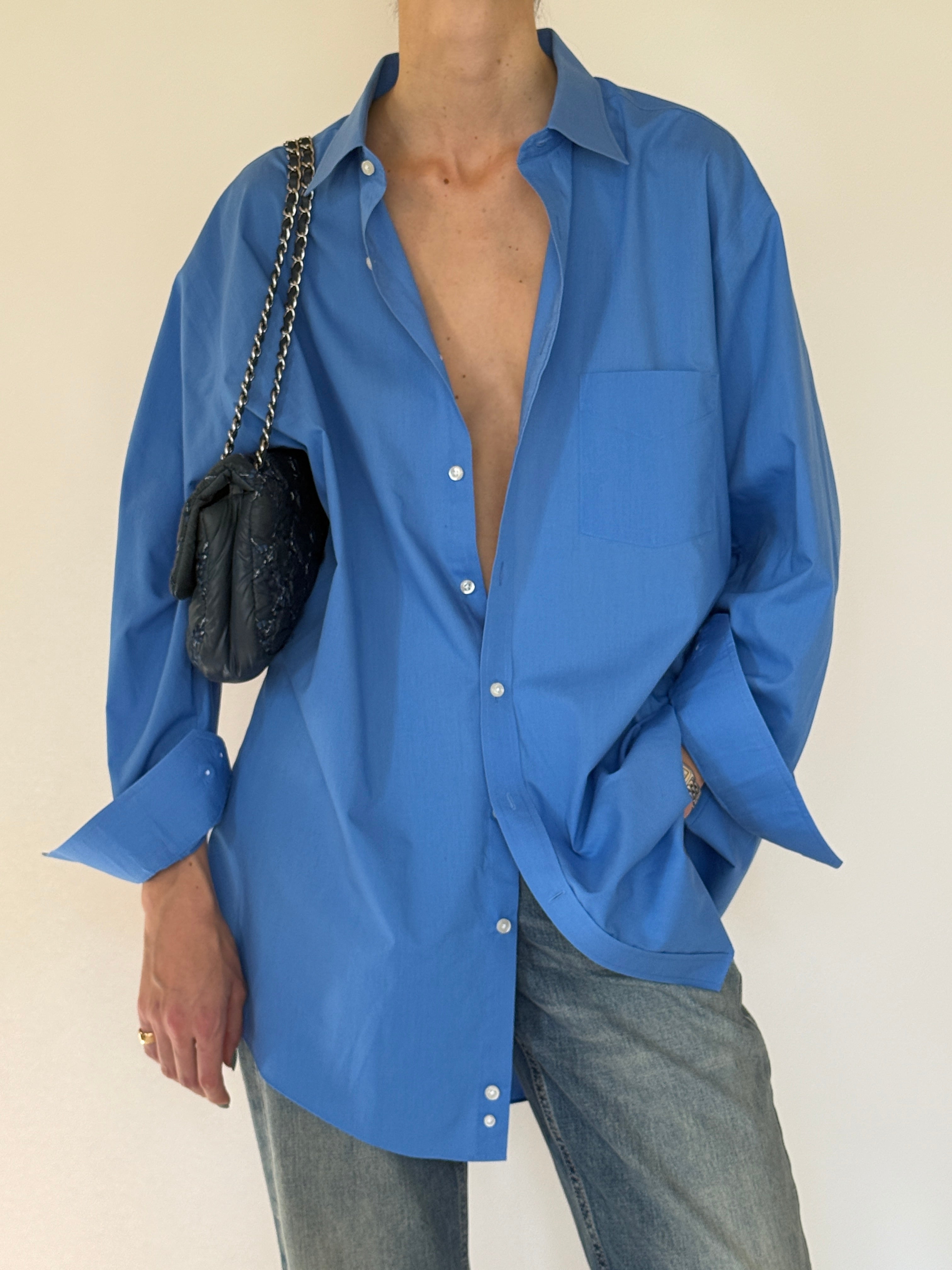 Vintage oversized blue button up shirt full body fit view