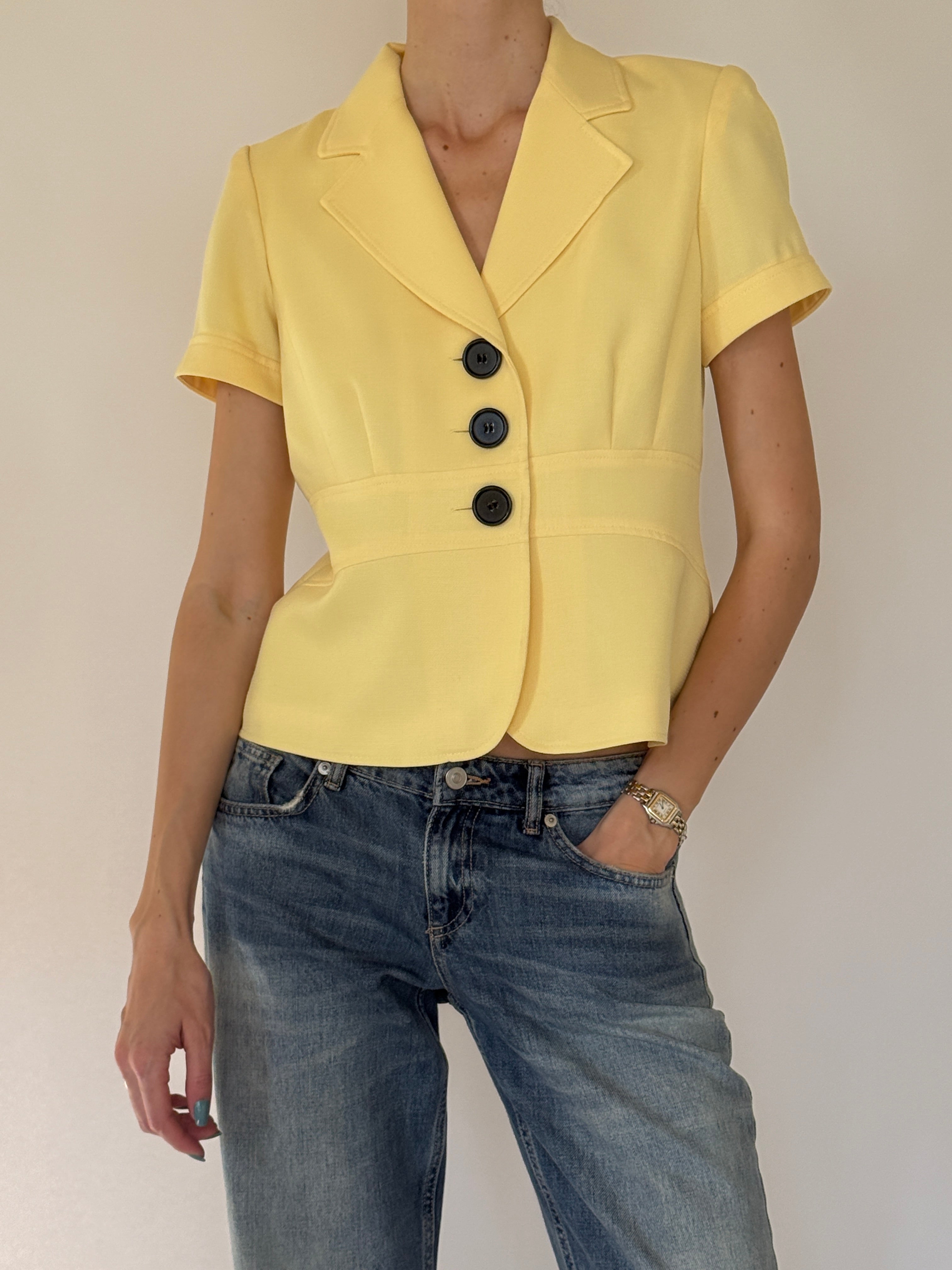 Vintage pastel yellow tailored blazer top button detail