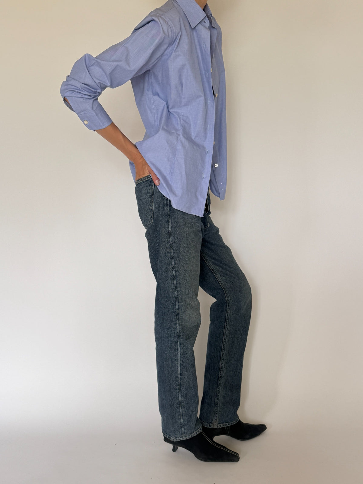 Side profile of vintage light blue shirt