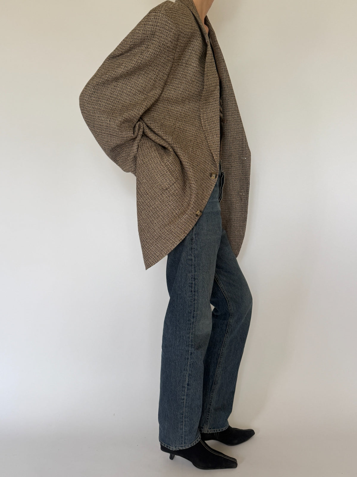 Vintage oversized silk blazer brown angled view