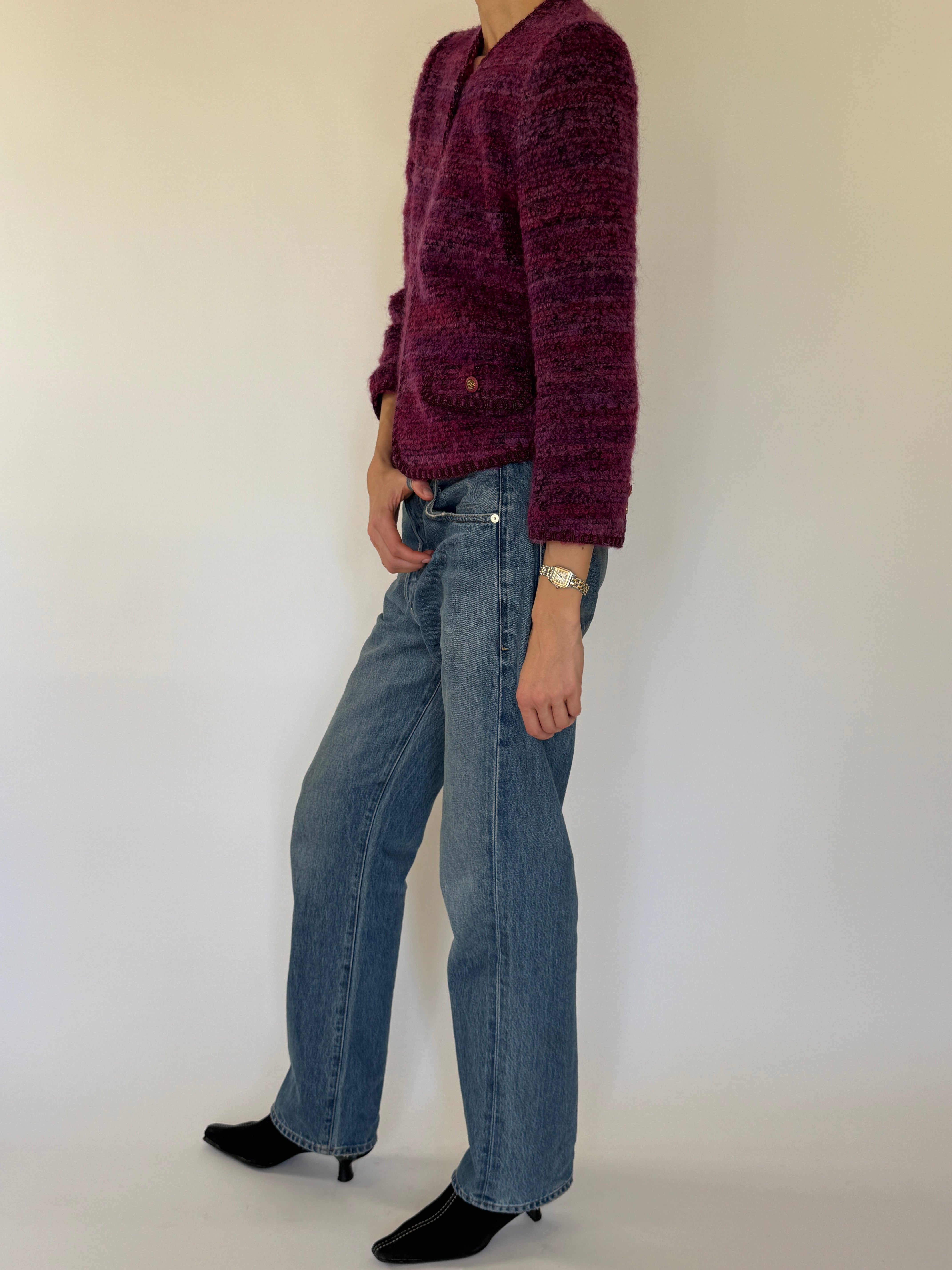 Vintage purple textured bouclé jacket angled front view