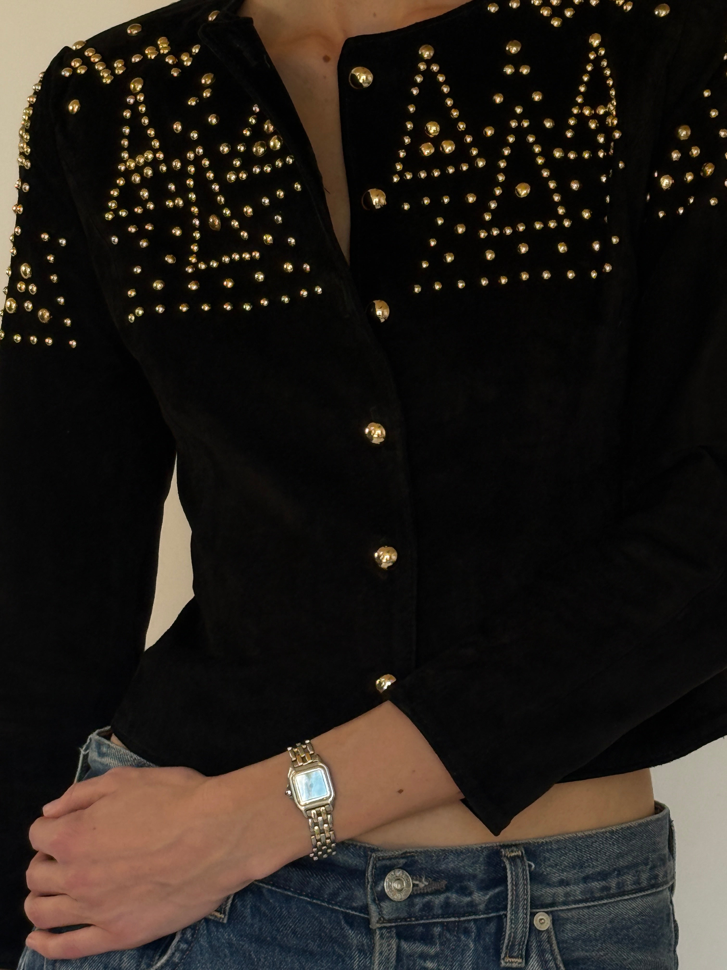 Vintage black suede leather studded jacket shoulder detail