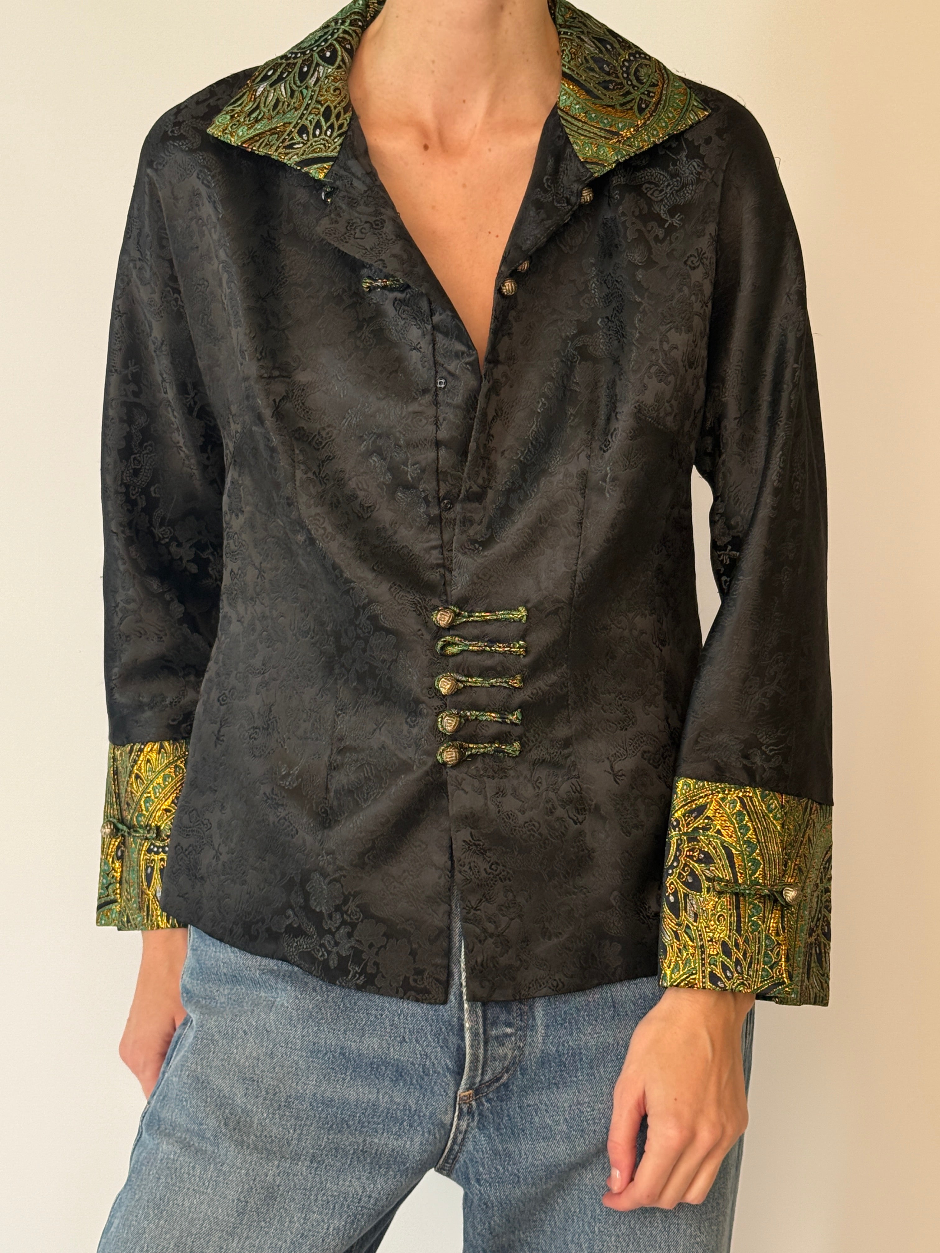 Vintage black jacquard mandarin collar jacket front view