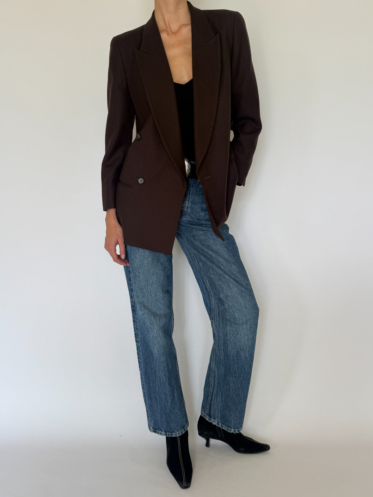 Vintage double-breasted wool blazer dark brown front open view