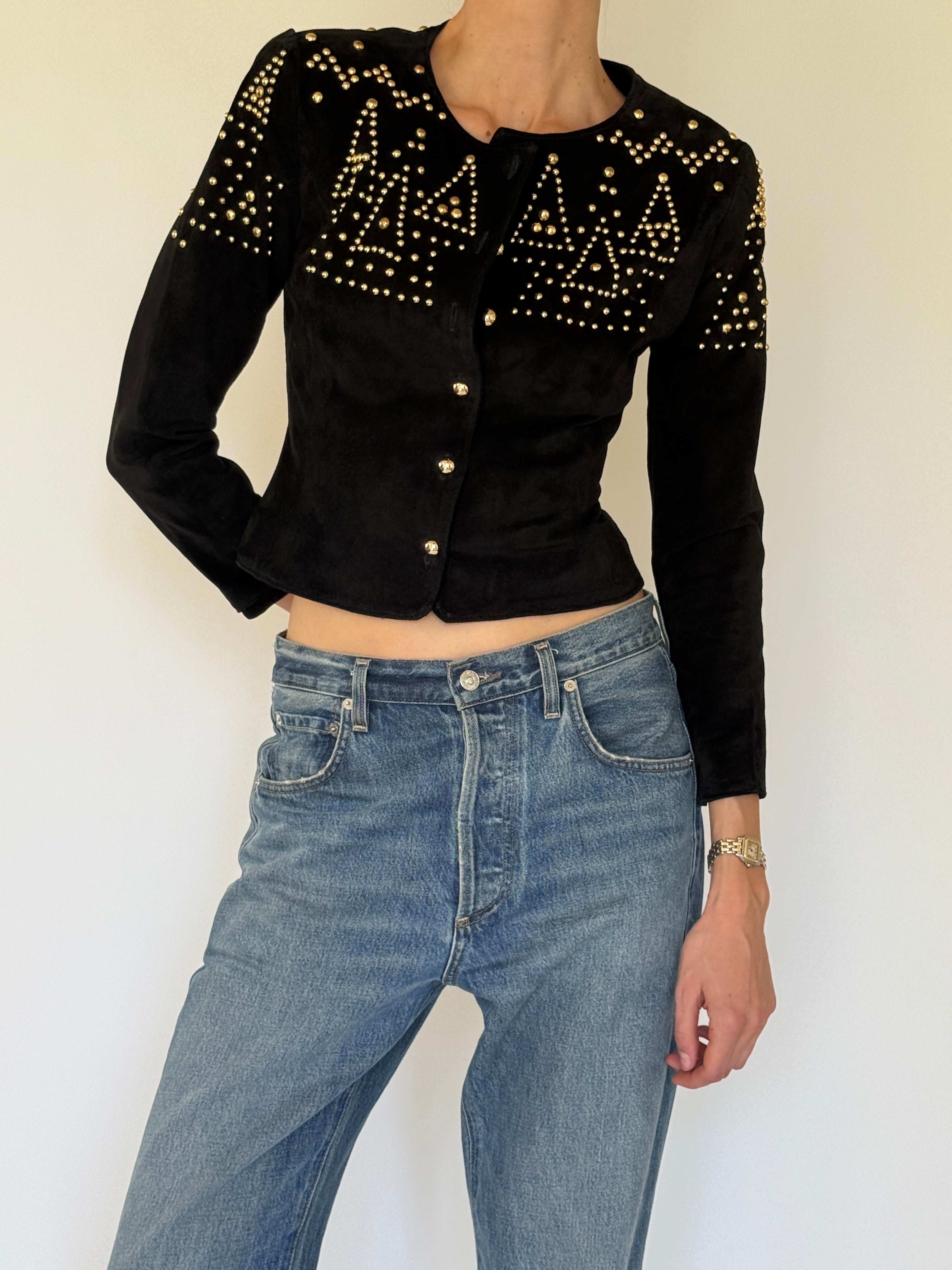 Vintage black suede leather studded jacket front view