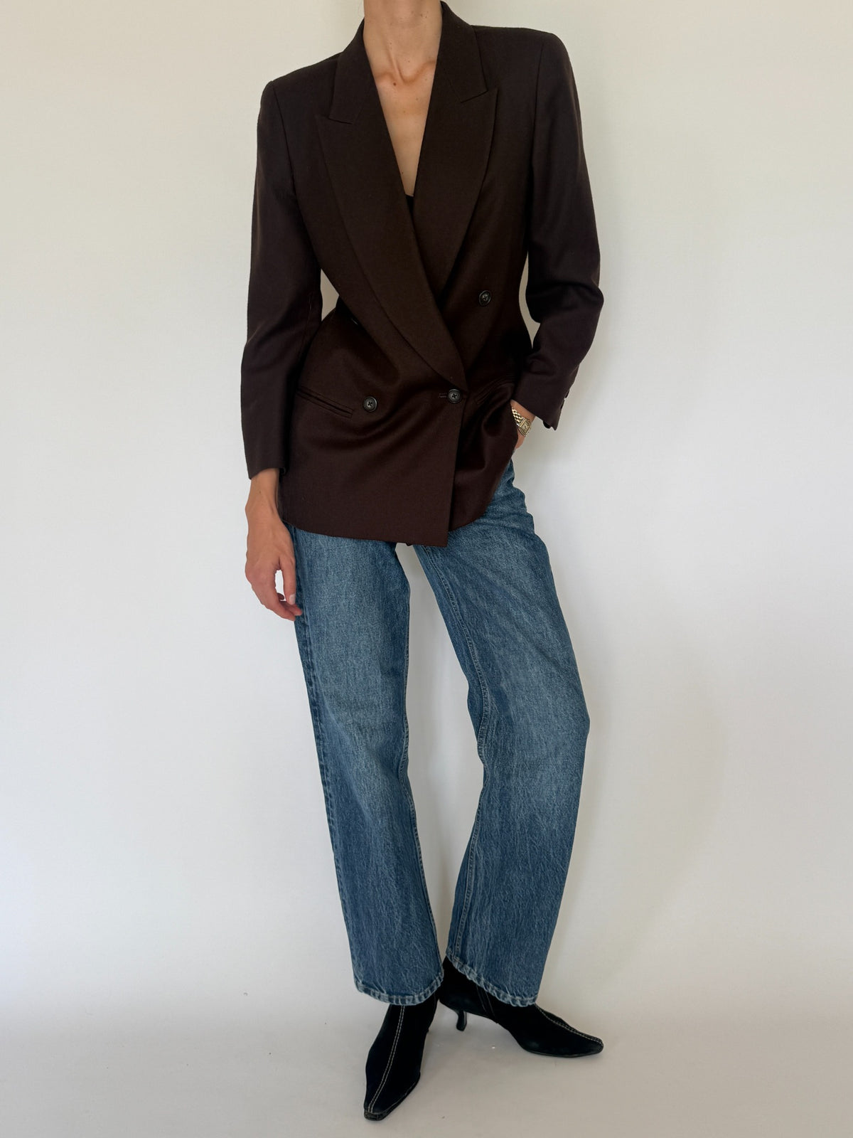 Vintage double-breasted wool blazer dark brown front buttoned view
