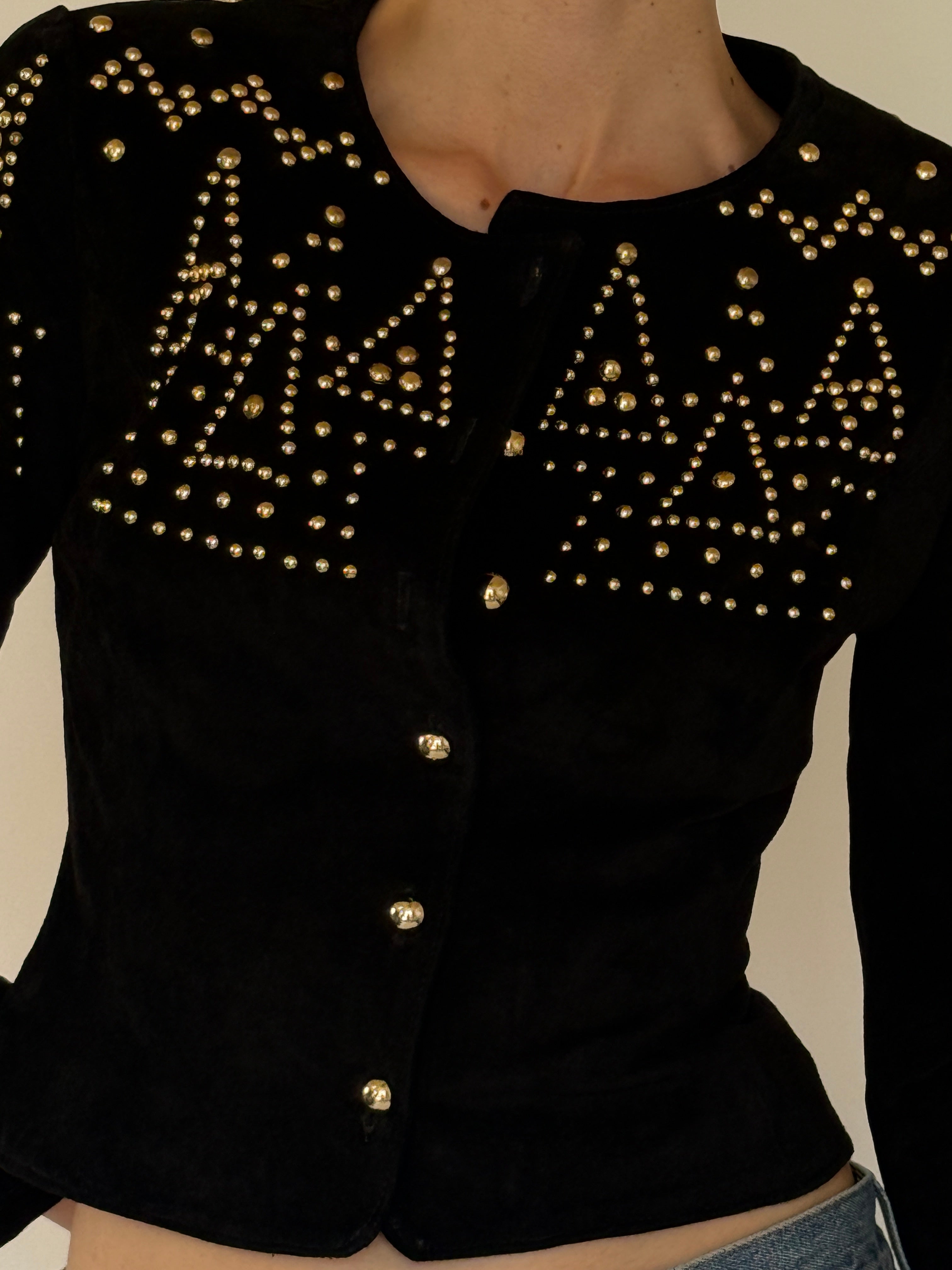 Vintage black suede leather studded jacket front view