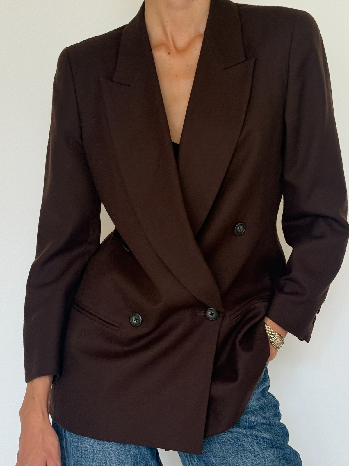 Vintage double-breasted wool blazer dark brown lapel and button detail