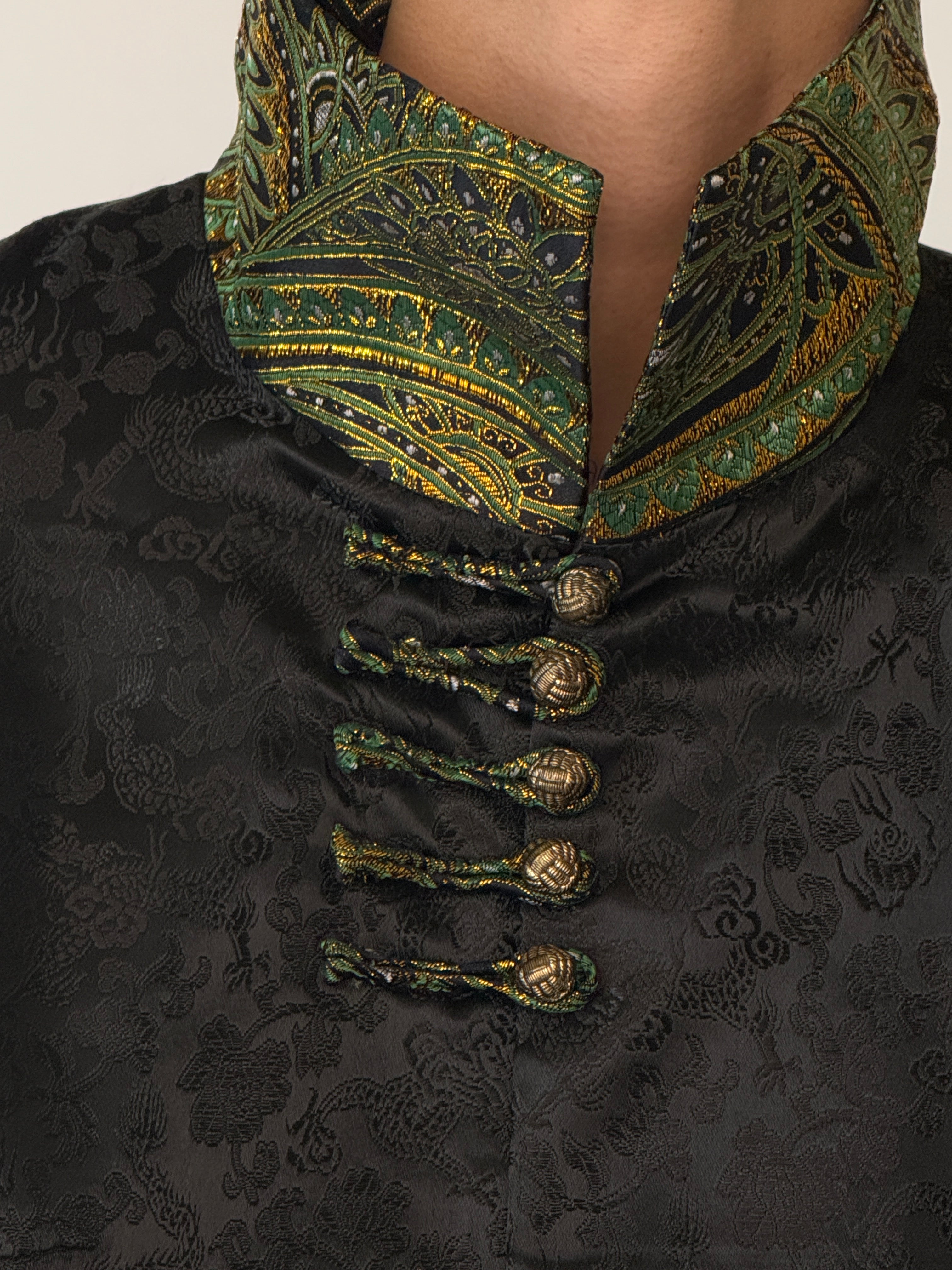 Vintage black jacquard jacket brocade collar detail