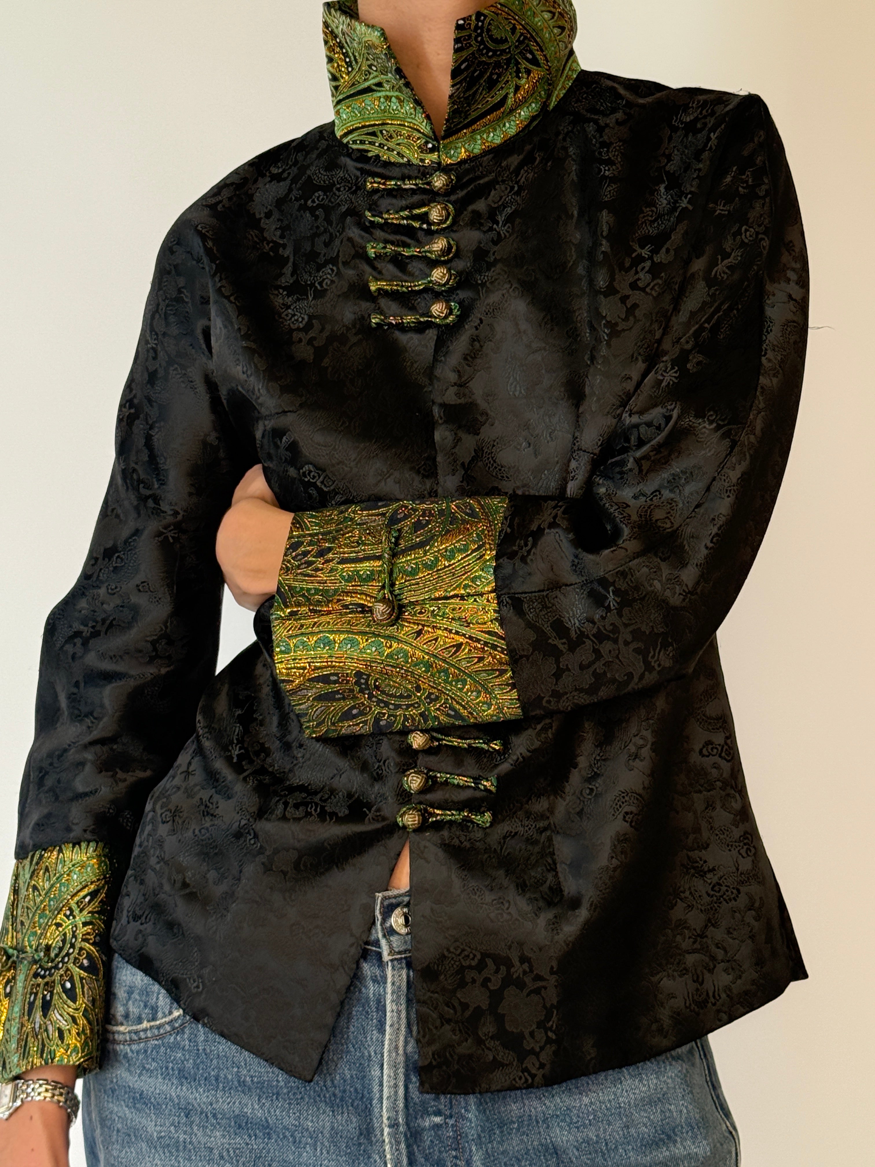 Vintage black jacquard mandarin collar jacket front view