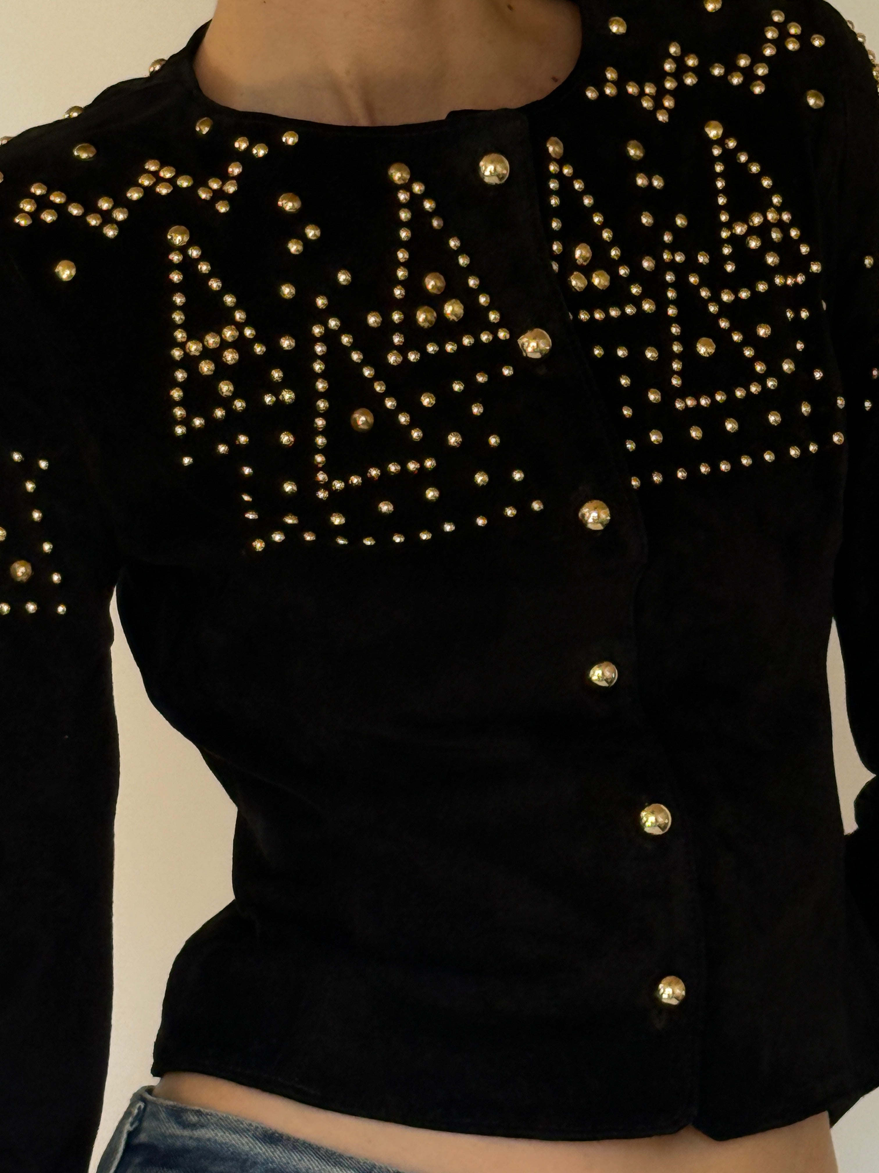Vintage black suede leather studded jacket side view