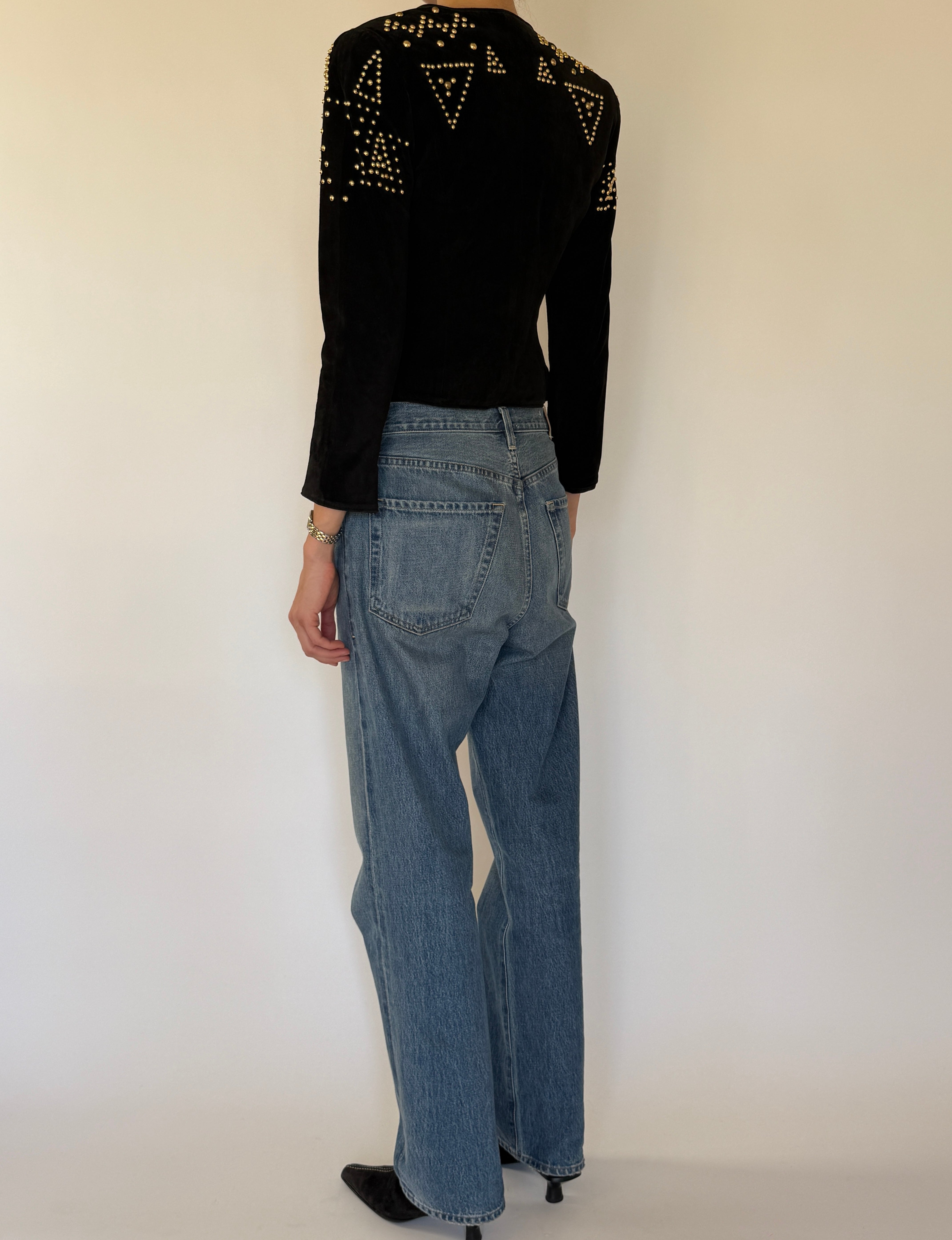 Vintage black suede leather studded jacket back view