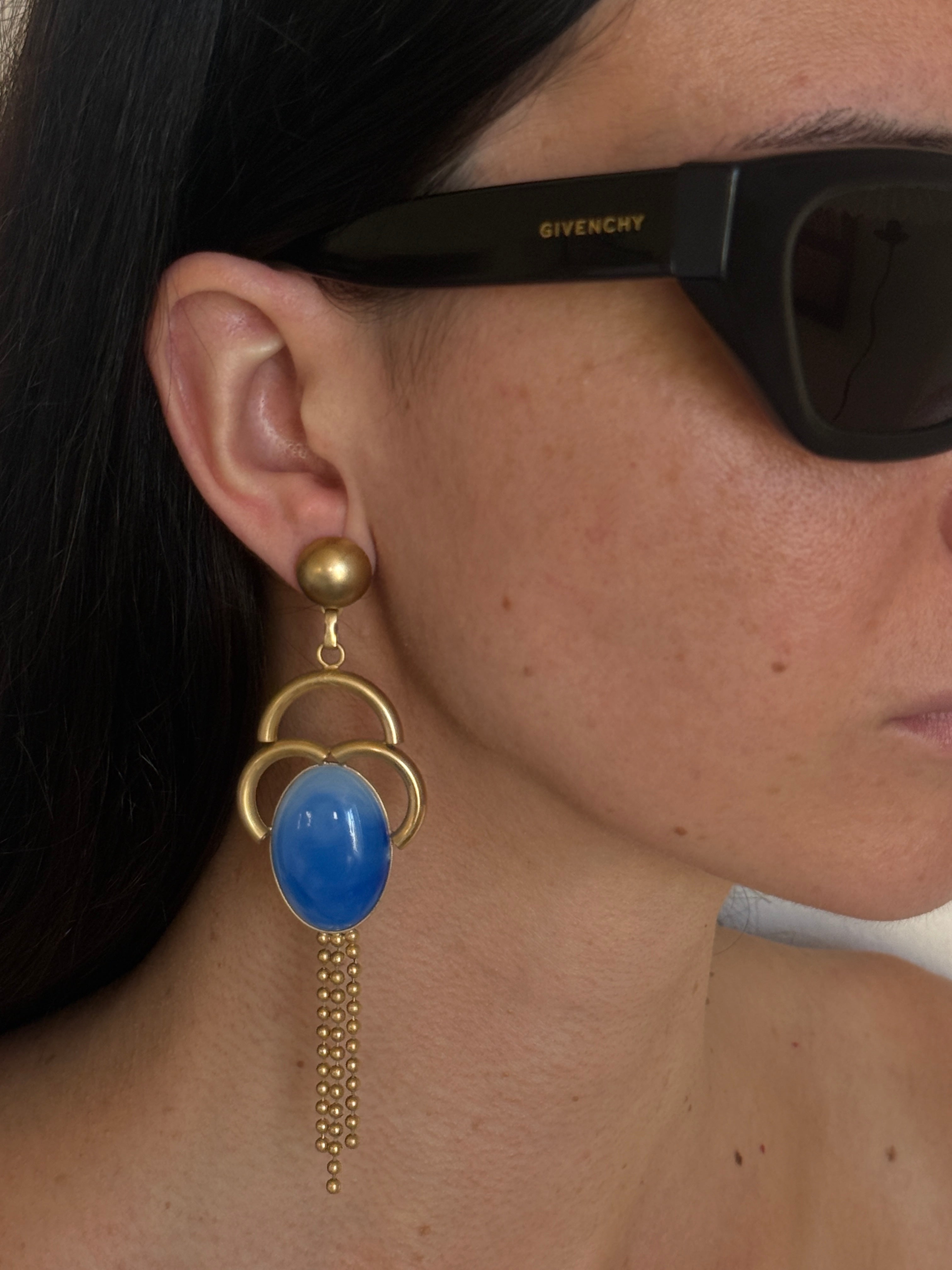 Vintage cobalt blue and gold-tone statement earrings front view