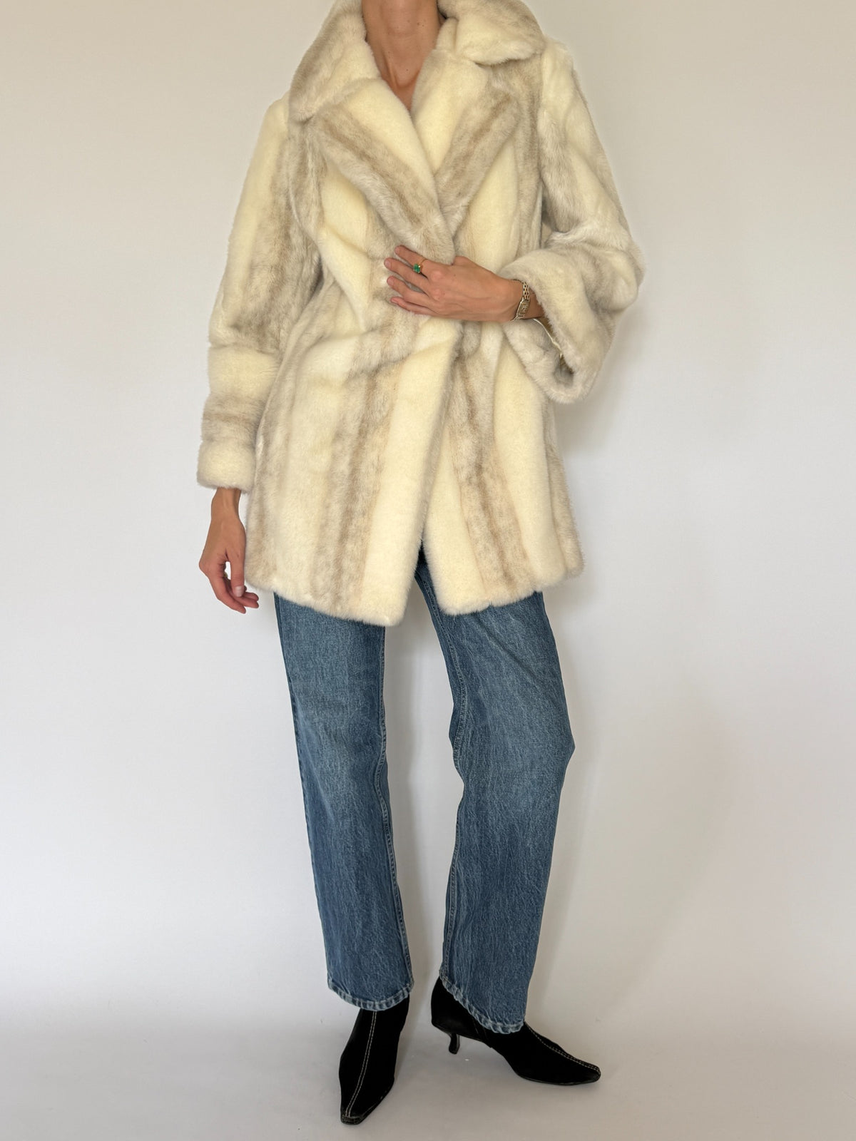Vintage faux fur coat ivory and taupe front view