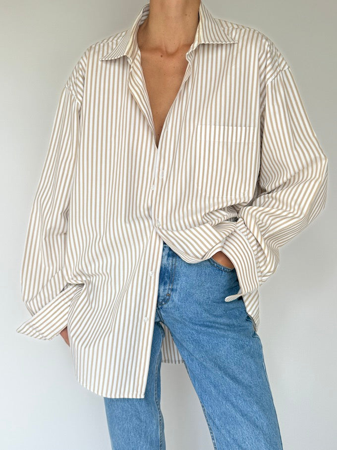 Vintage Striped Cotton Button-Up Beige & White 6405