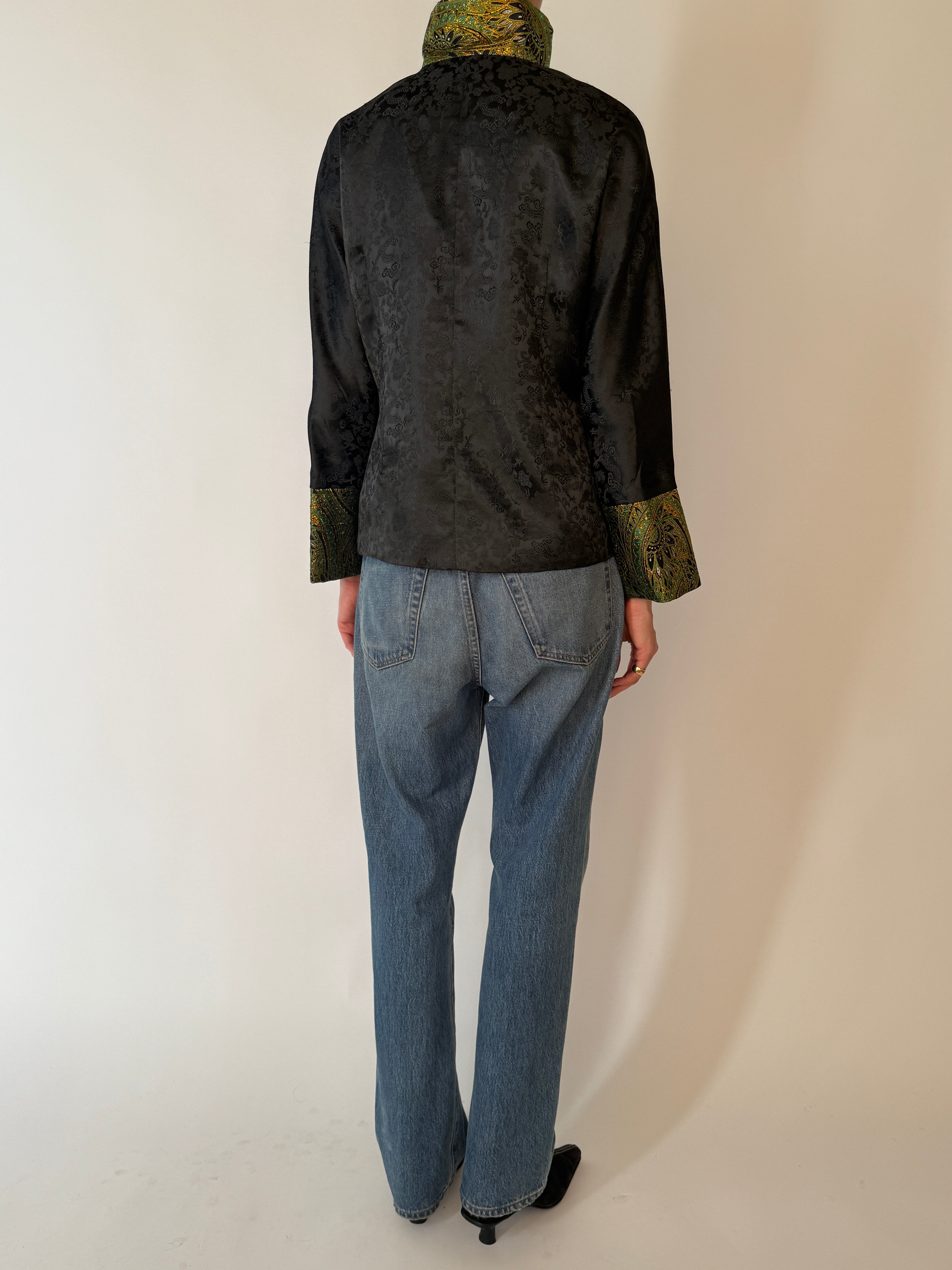 Vintage black jacquard mandarin collar jacket back view