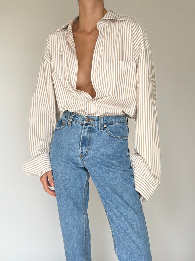 Vintage Striped Cotton Button-Up Beige & White 6405