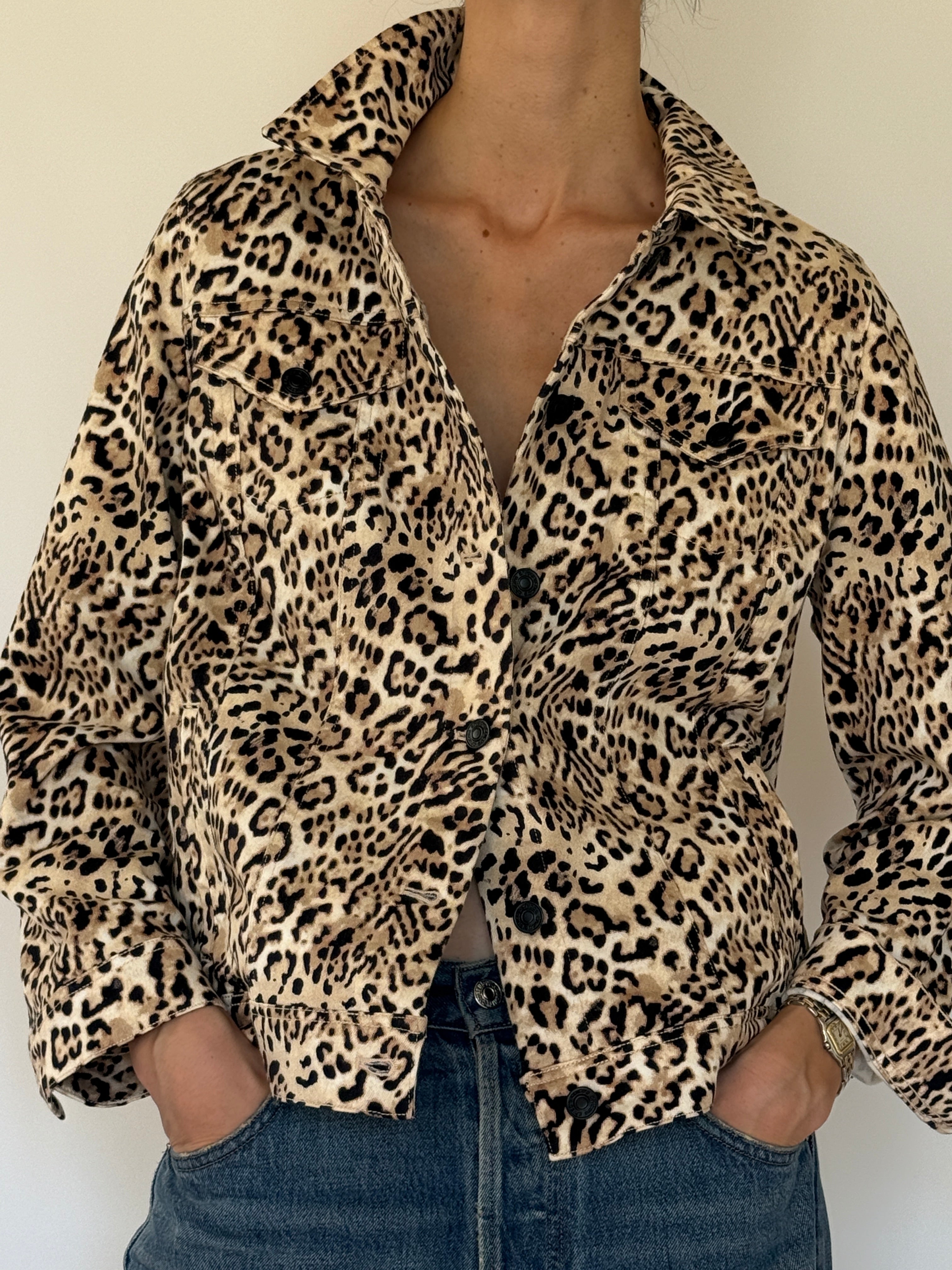 Vintage leopard print denim jacket beige front view