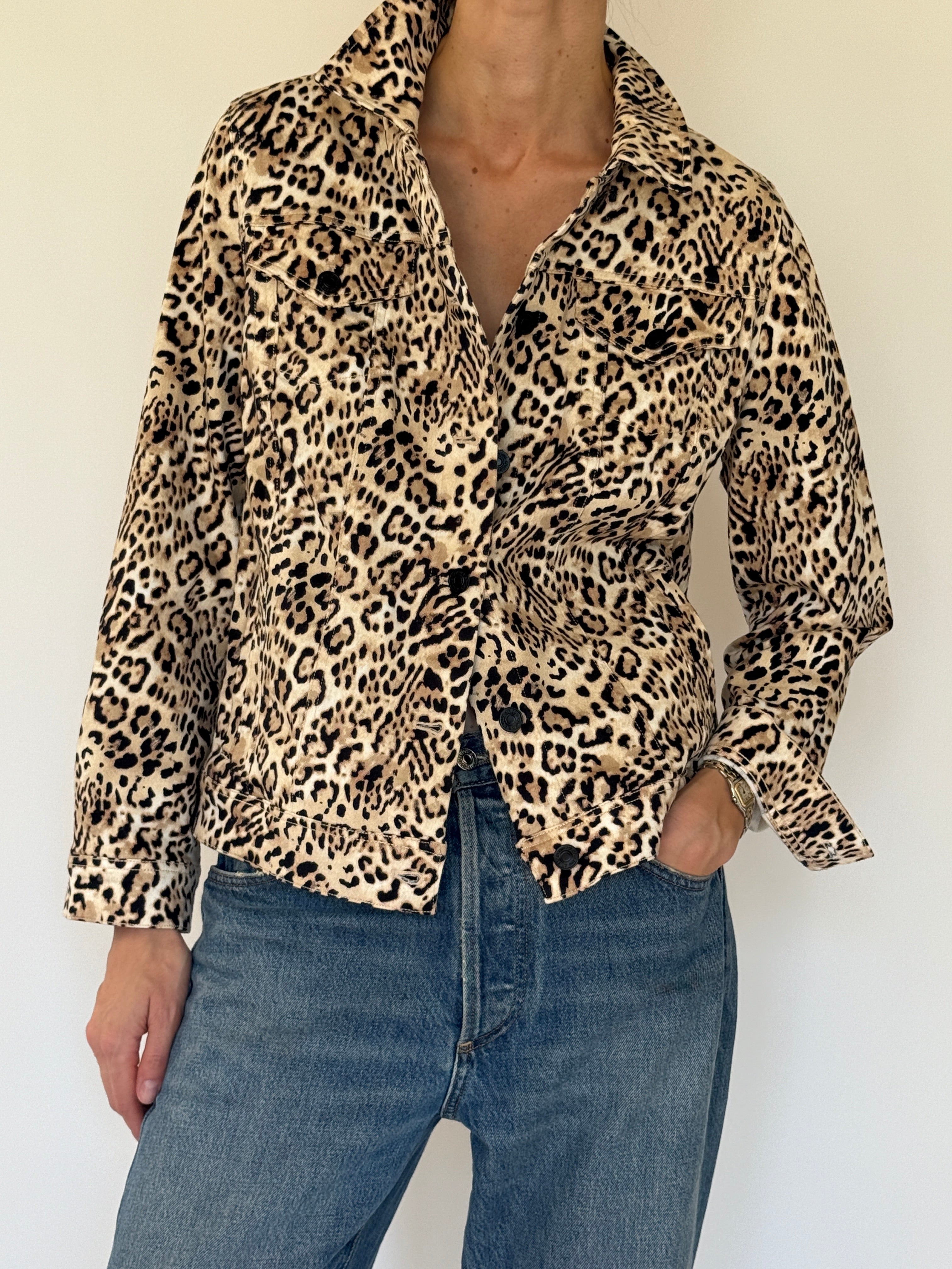 Vintage leopard print denim jacket beige front view