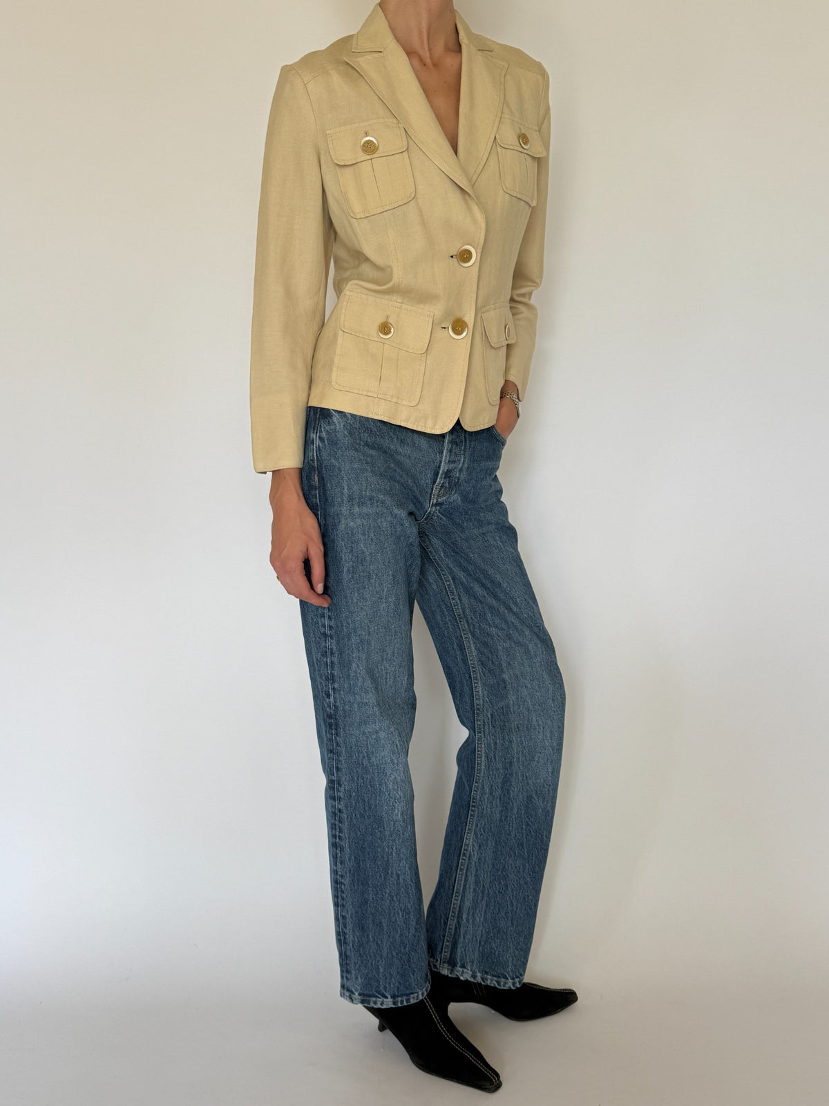 Vintage beige utility blazer full front angle