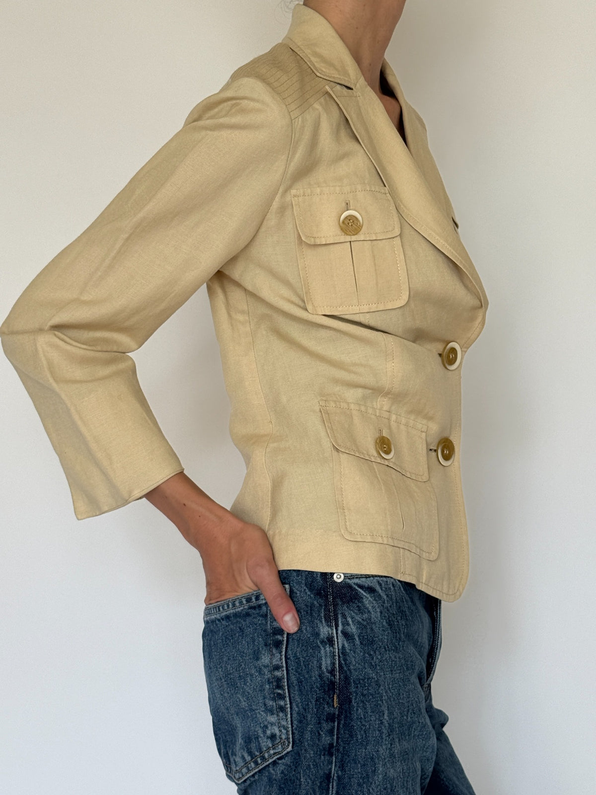 Vintage beige utility blazer side view