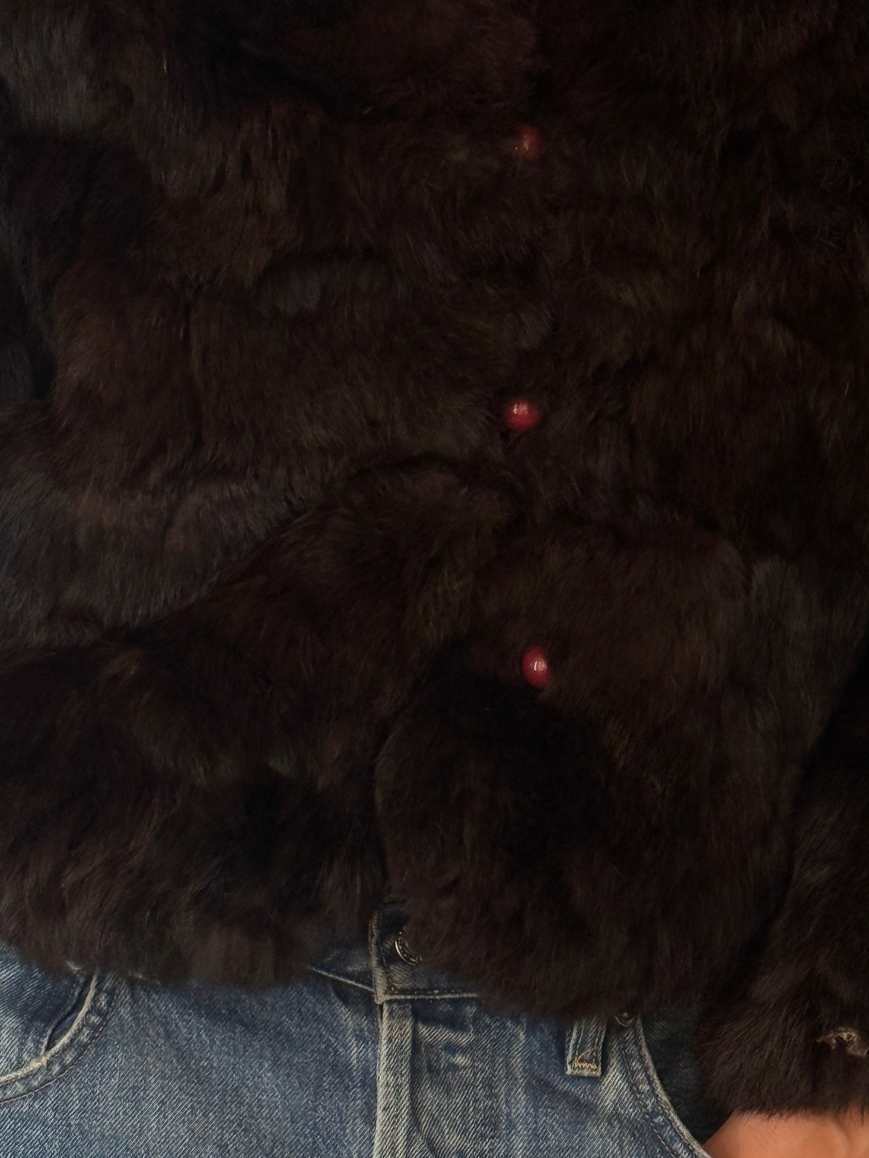 Vintage cropped brown fur jacket with high collar and button front detail view