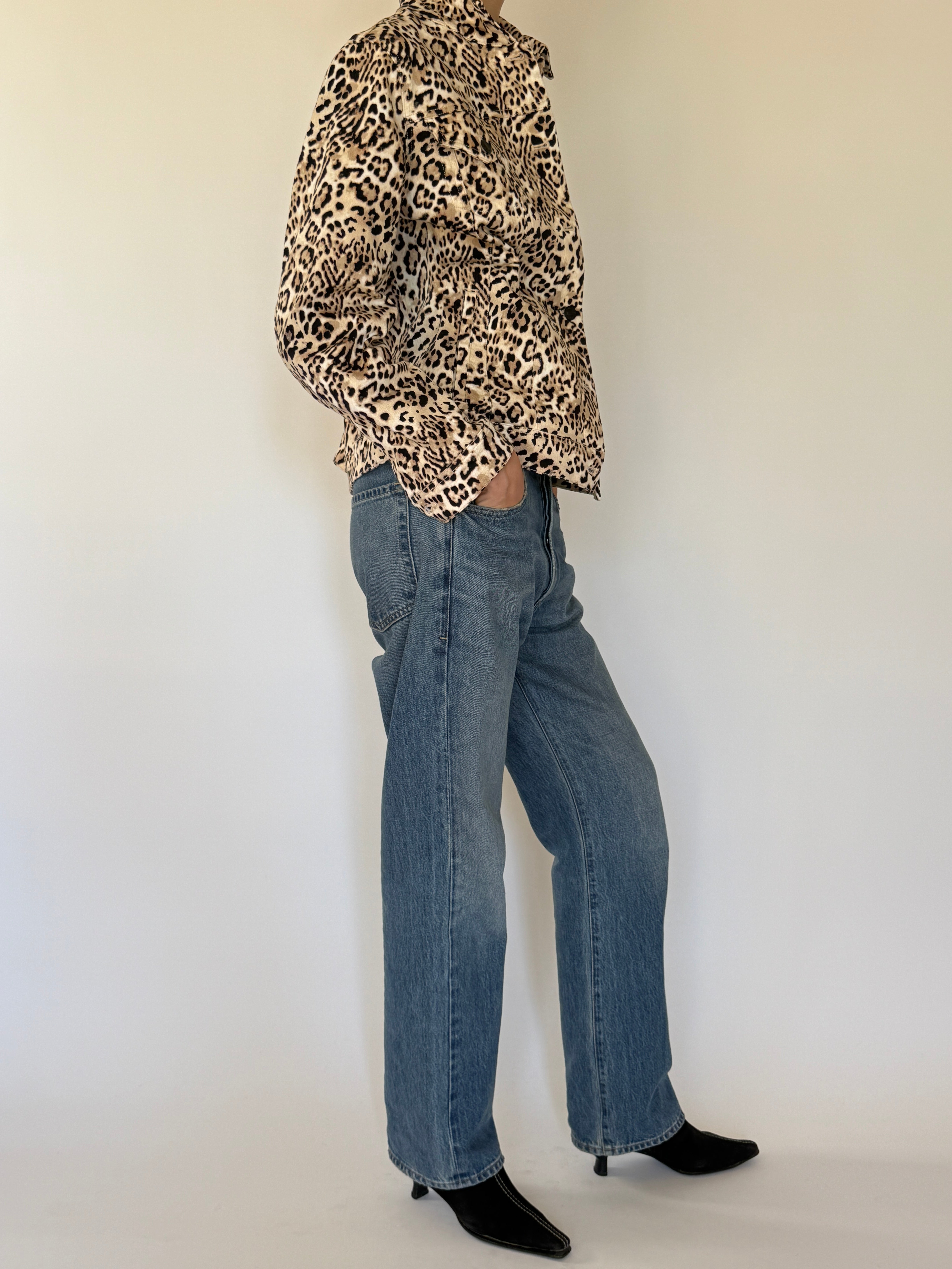 Vintage leopard print denim jacket beige angled front view