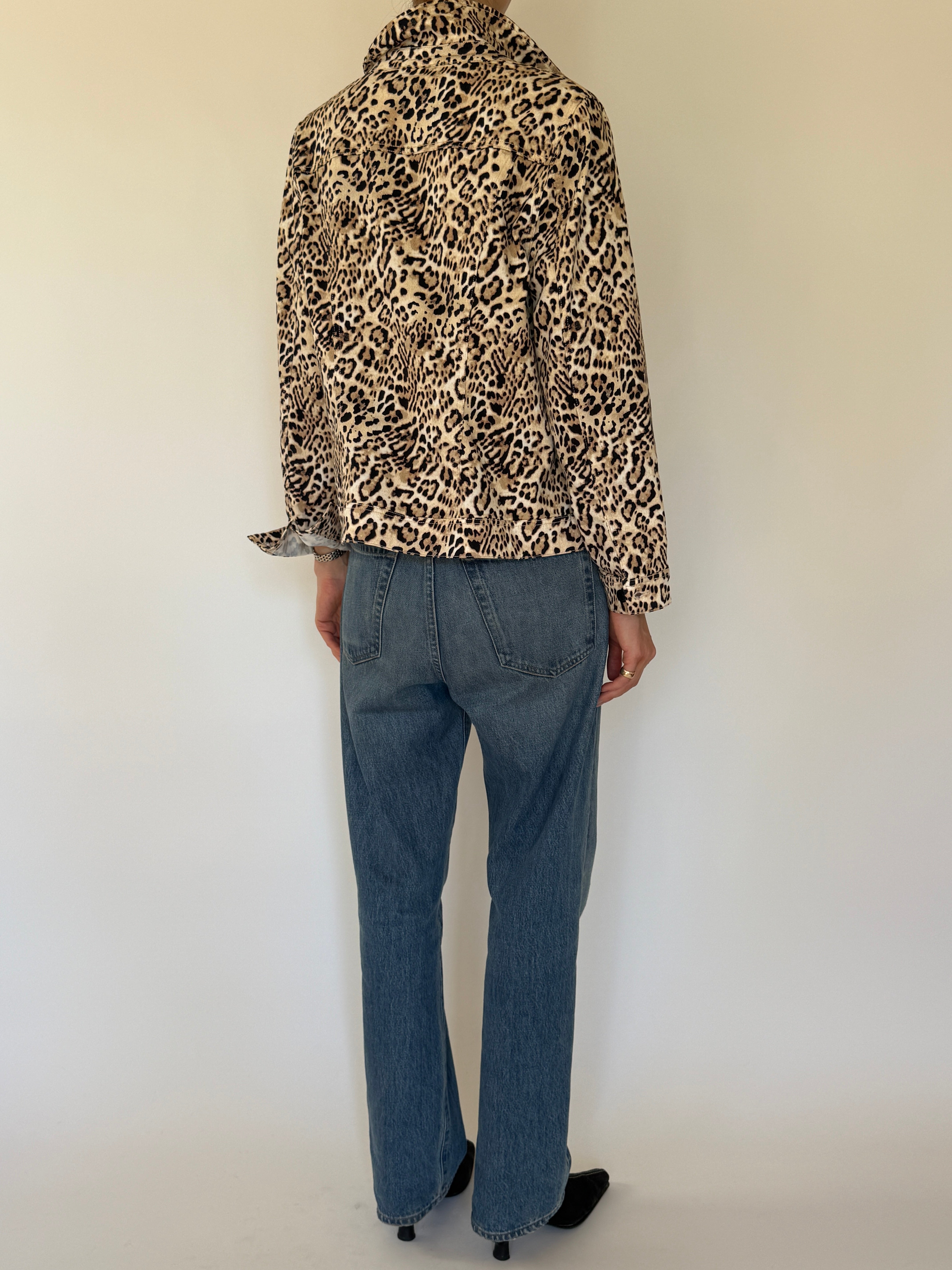 Vintage leopard print denim jacket beige back view