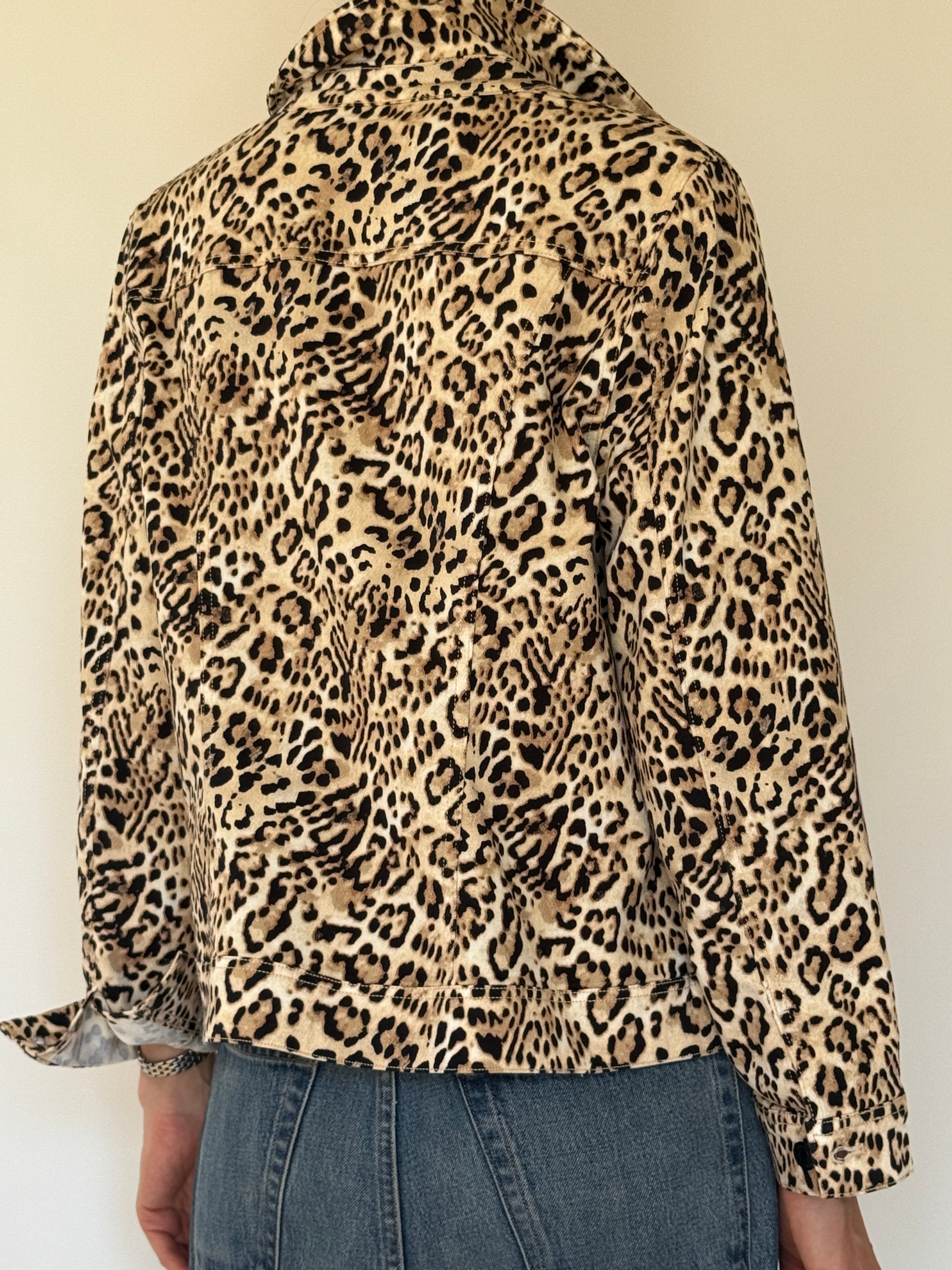 Vintage leopard print denim jacket beige back view