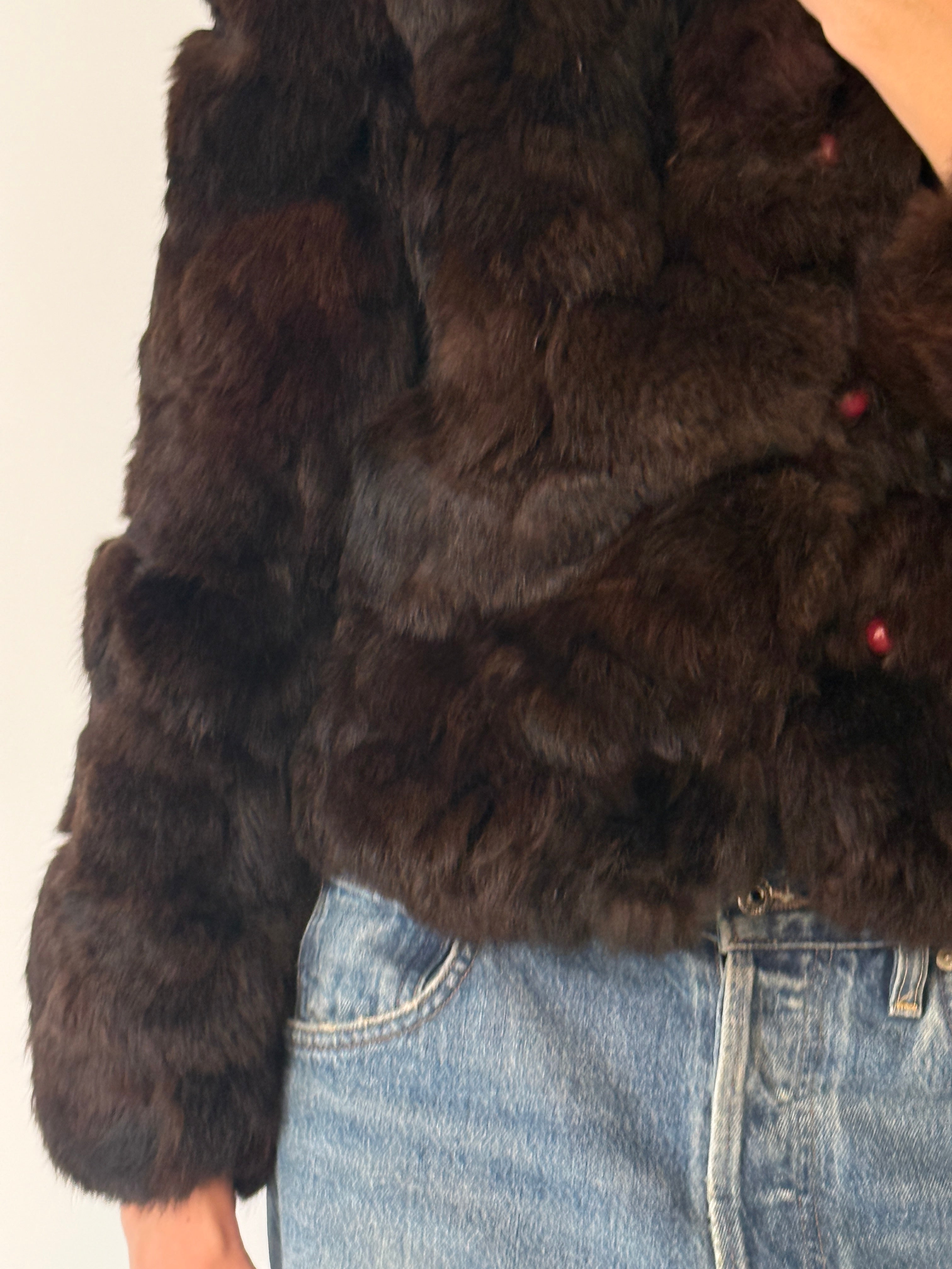 Vintage cropped brown fur jacket with high collar and button front detail
