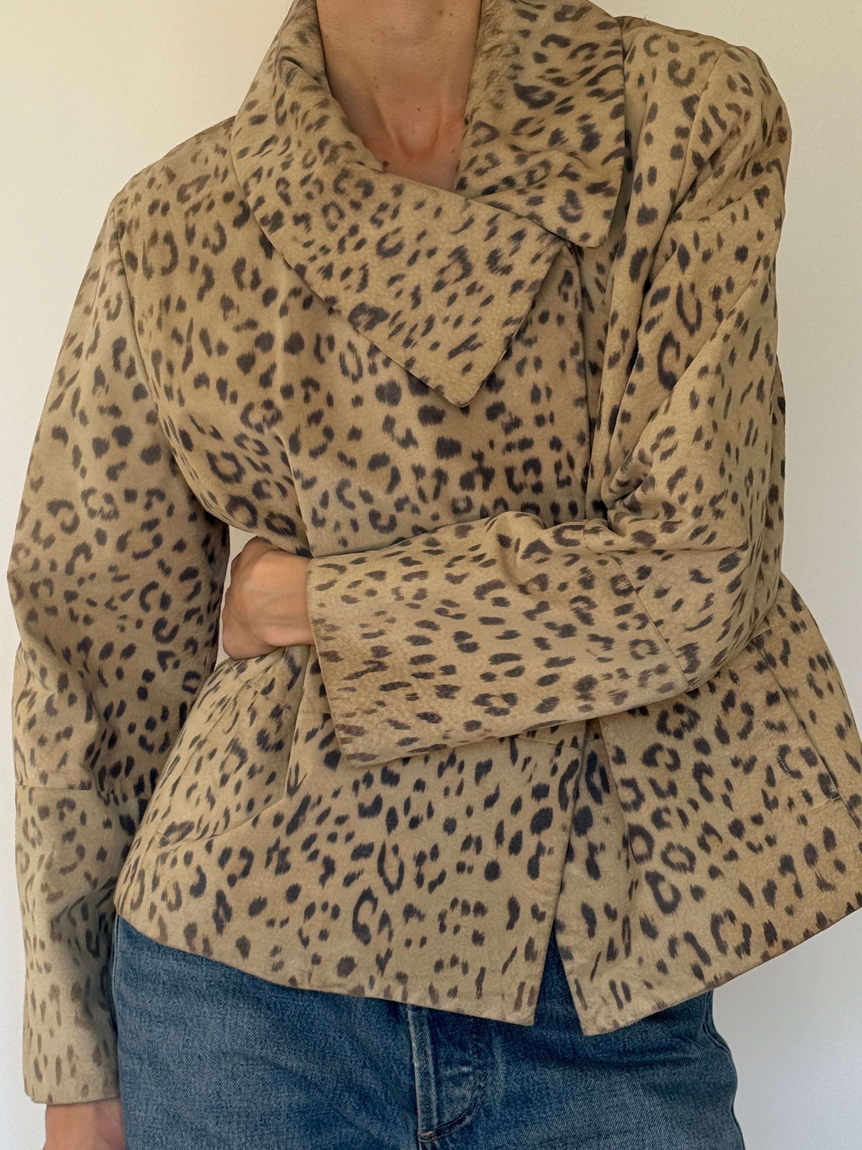 Vintage suede leather leopard print jacket tan front view