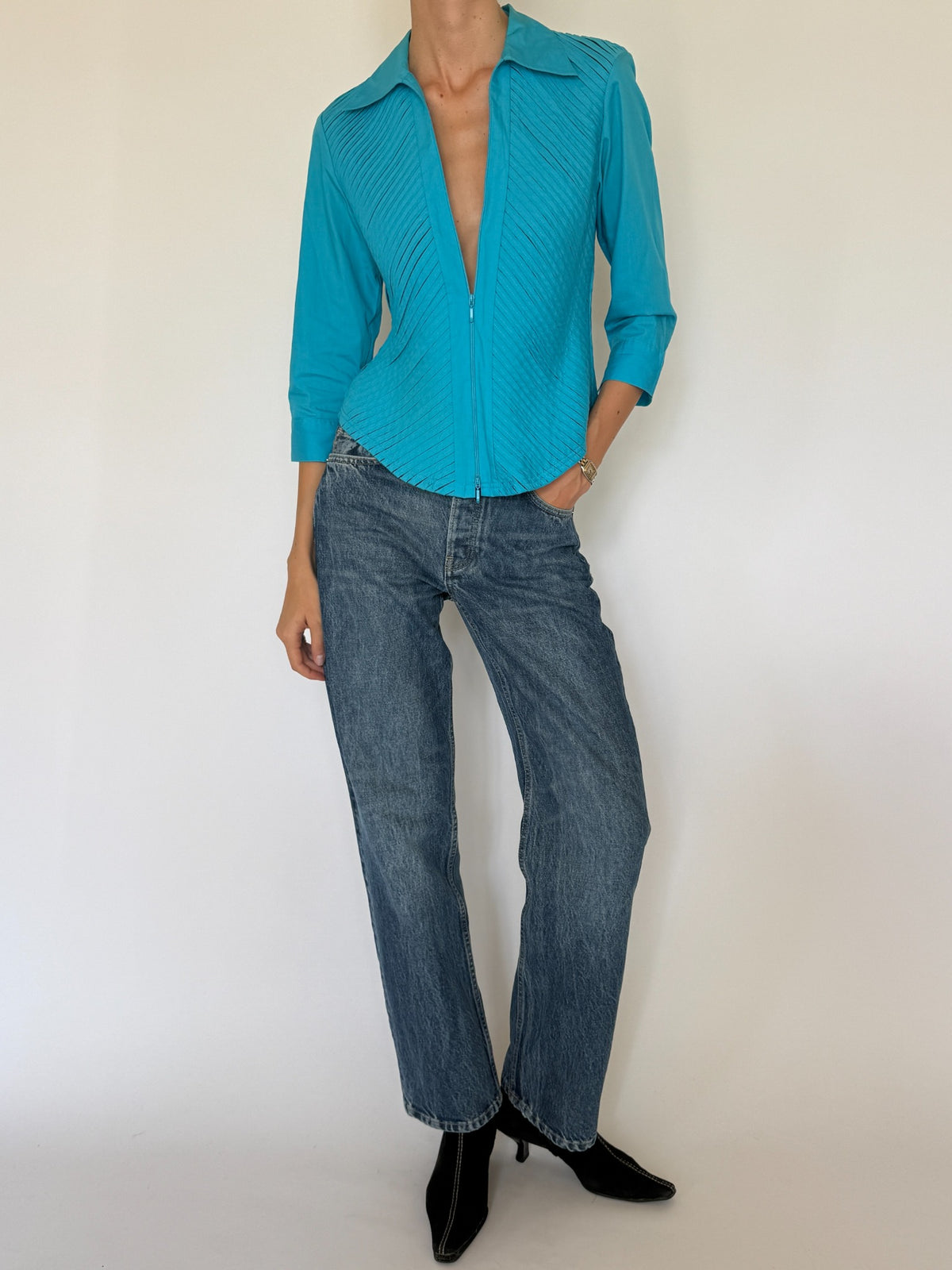 Vintage pleated zip-front shirt teal front view