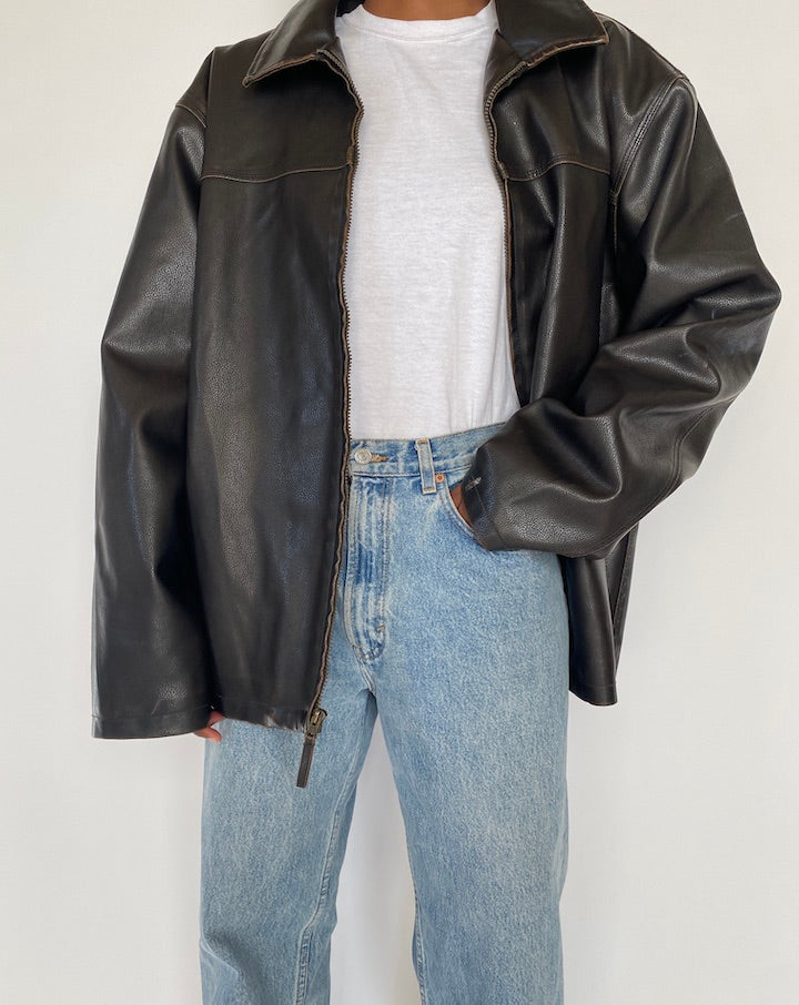 VINTAGE OVERSIZED DARK BROWN FAUX LEATHER JACKET 4254