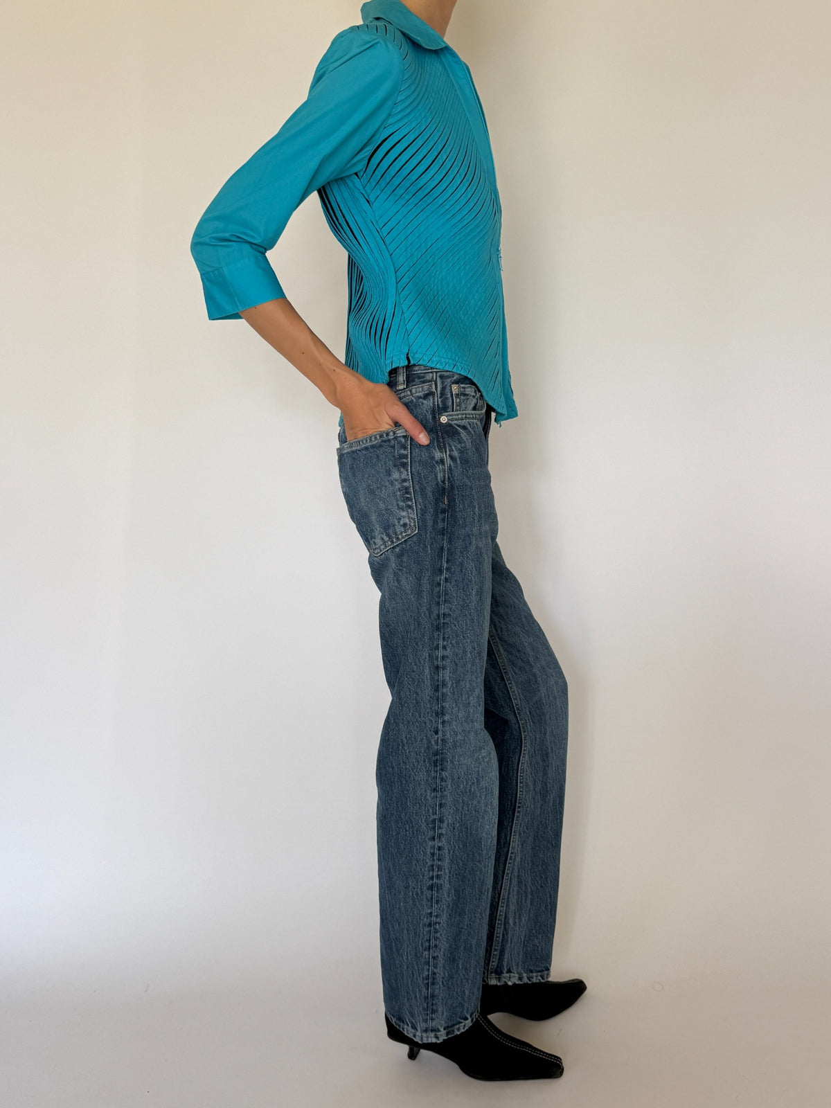 Vintage pleated zip-front shirt teal side view
