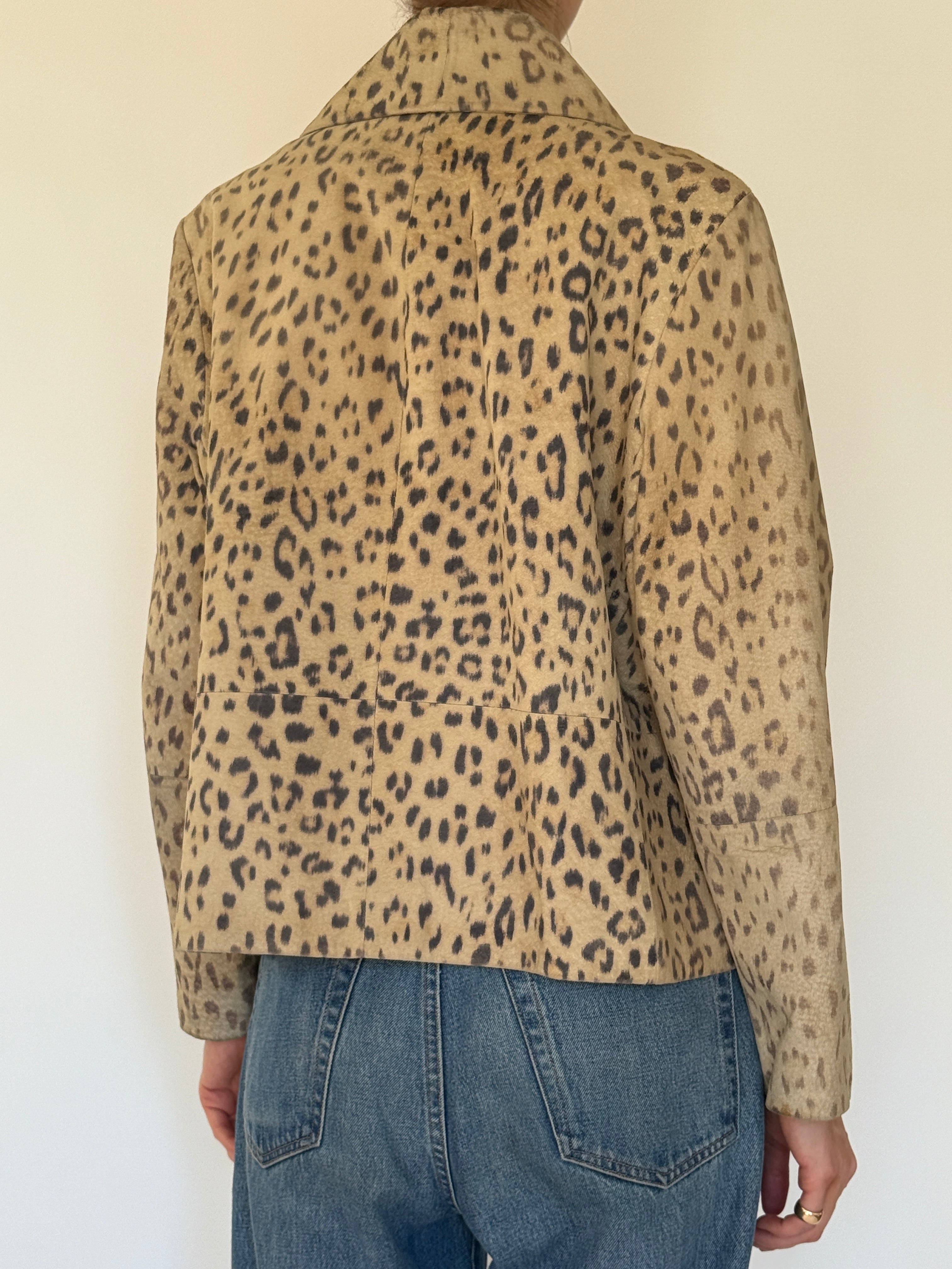 Vintage suede leopard print jacket tan back view