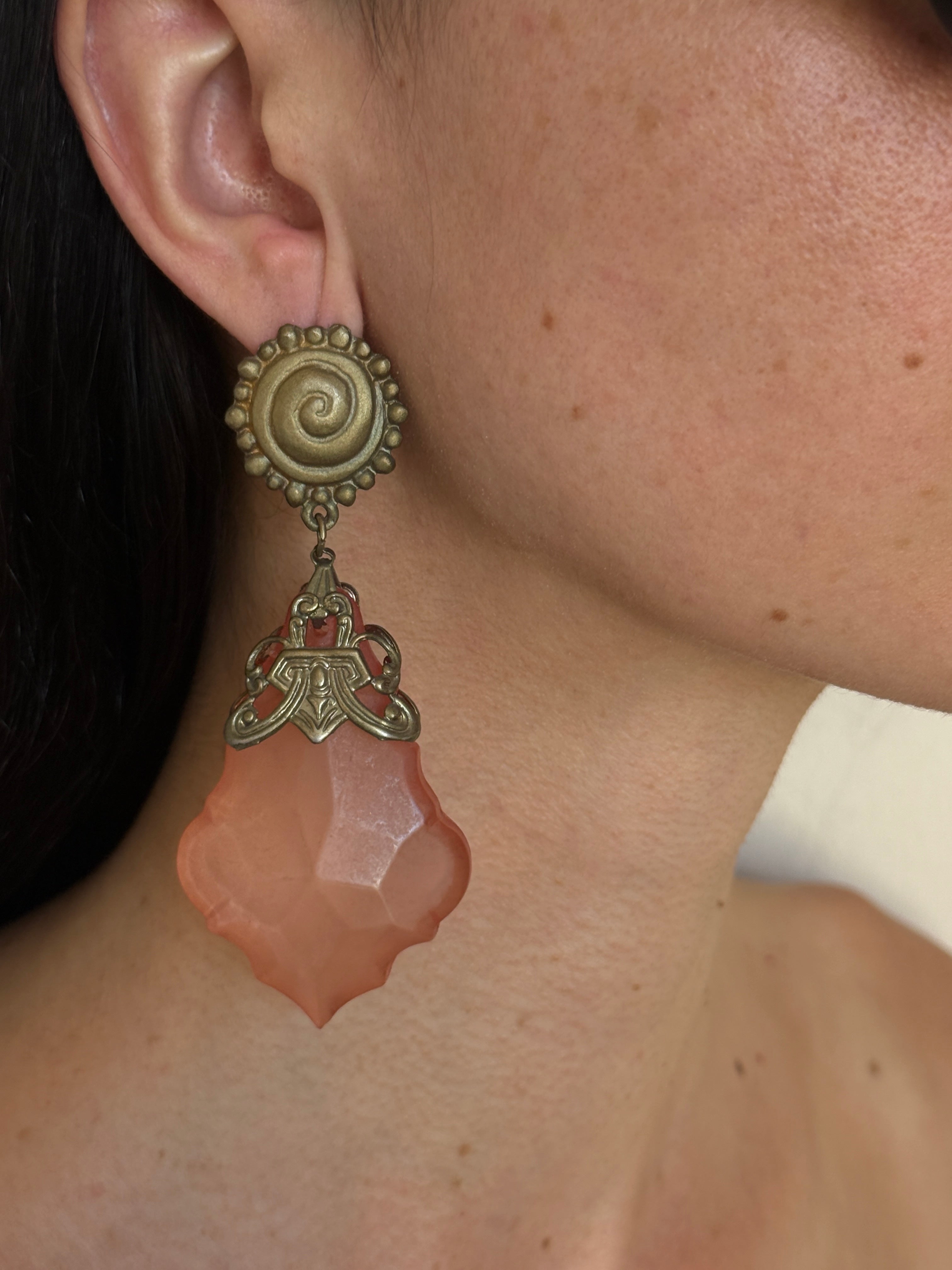 Vintage peach Art Deco drop earrings front view