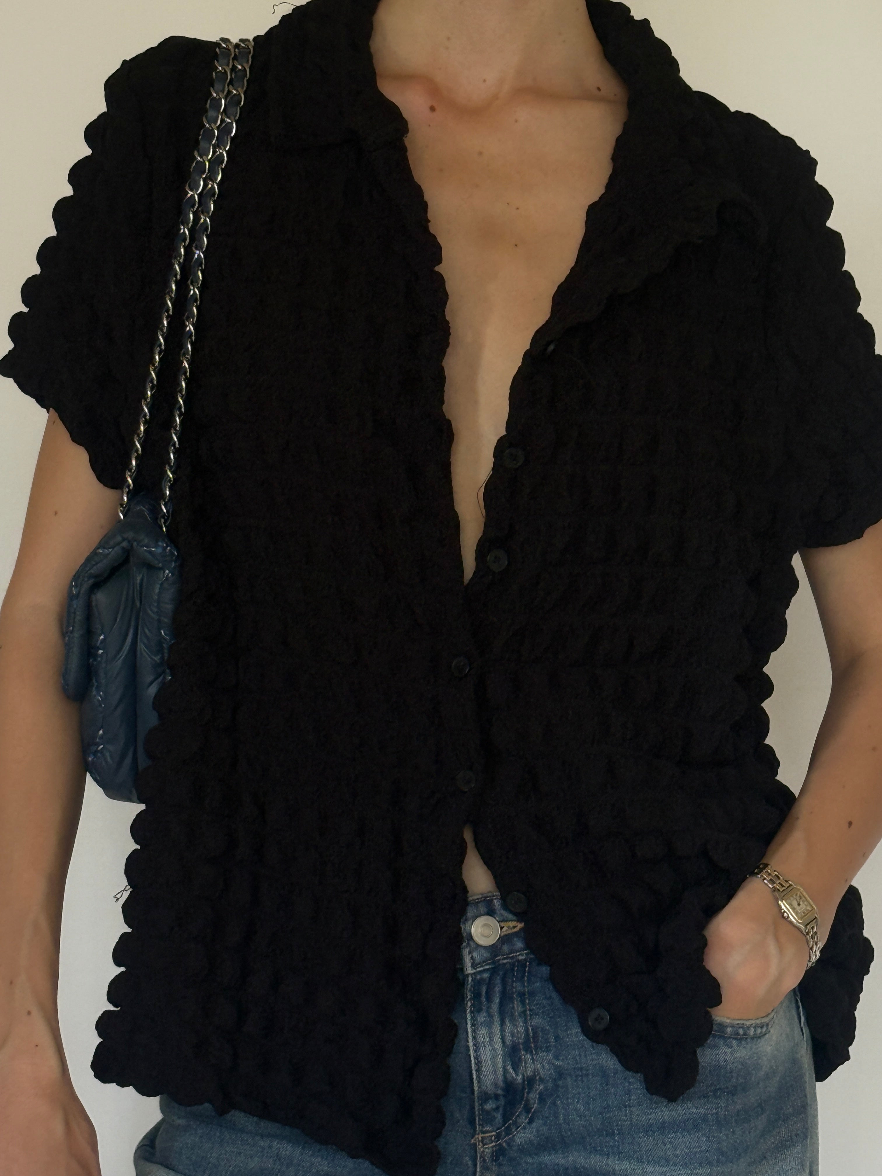 Vintage black popcorn textured button-up top front view