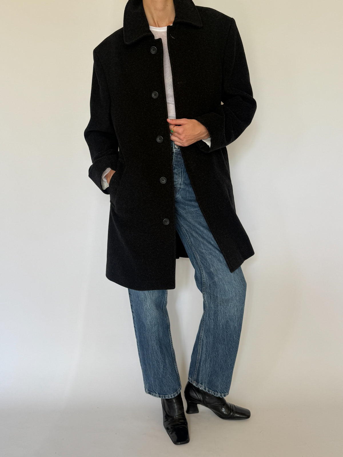 Vintage black wool blend coat pocket detail