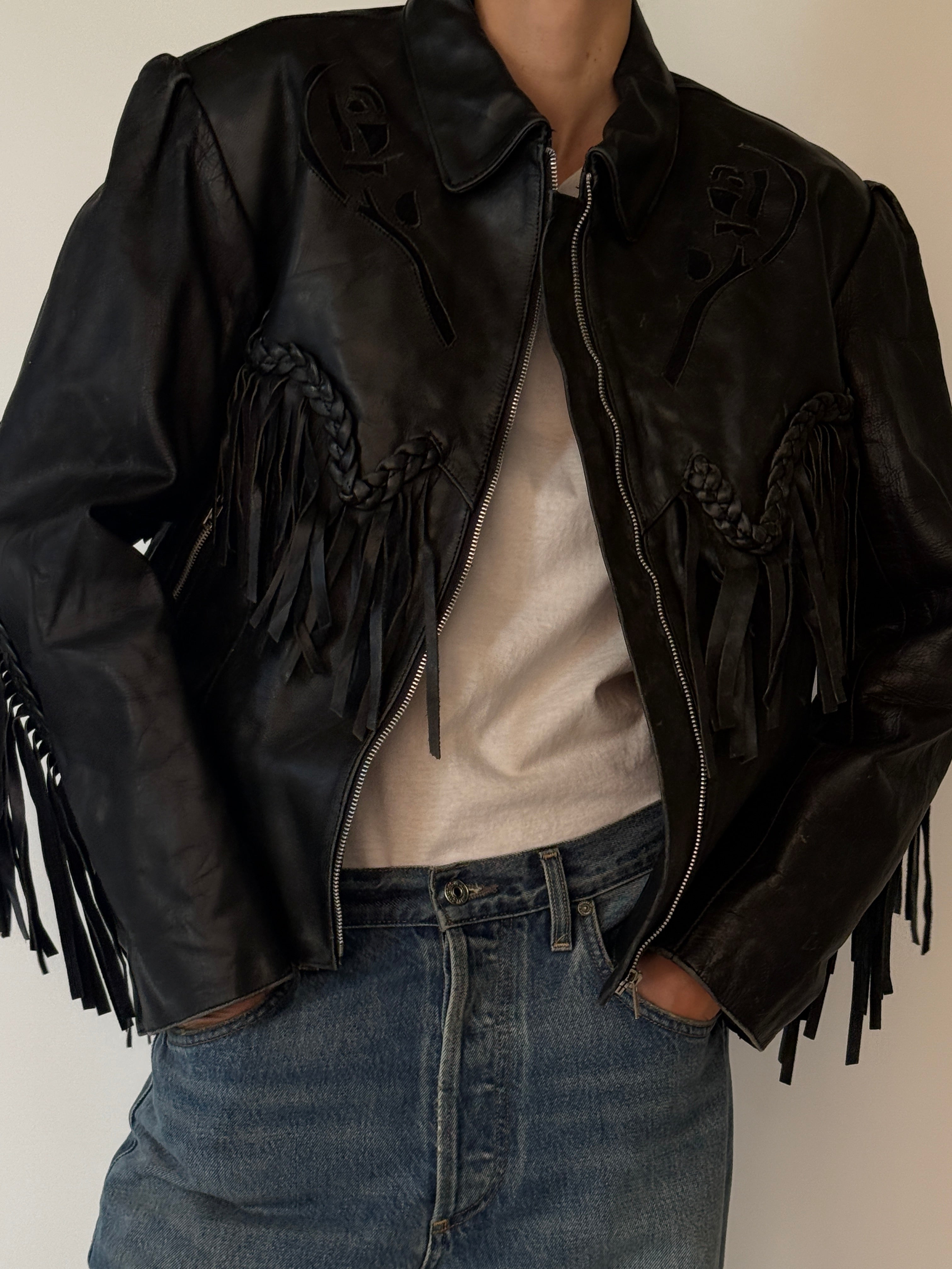 Vintage black leather jacket fringe and zip detail