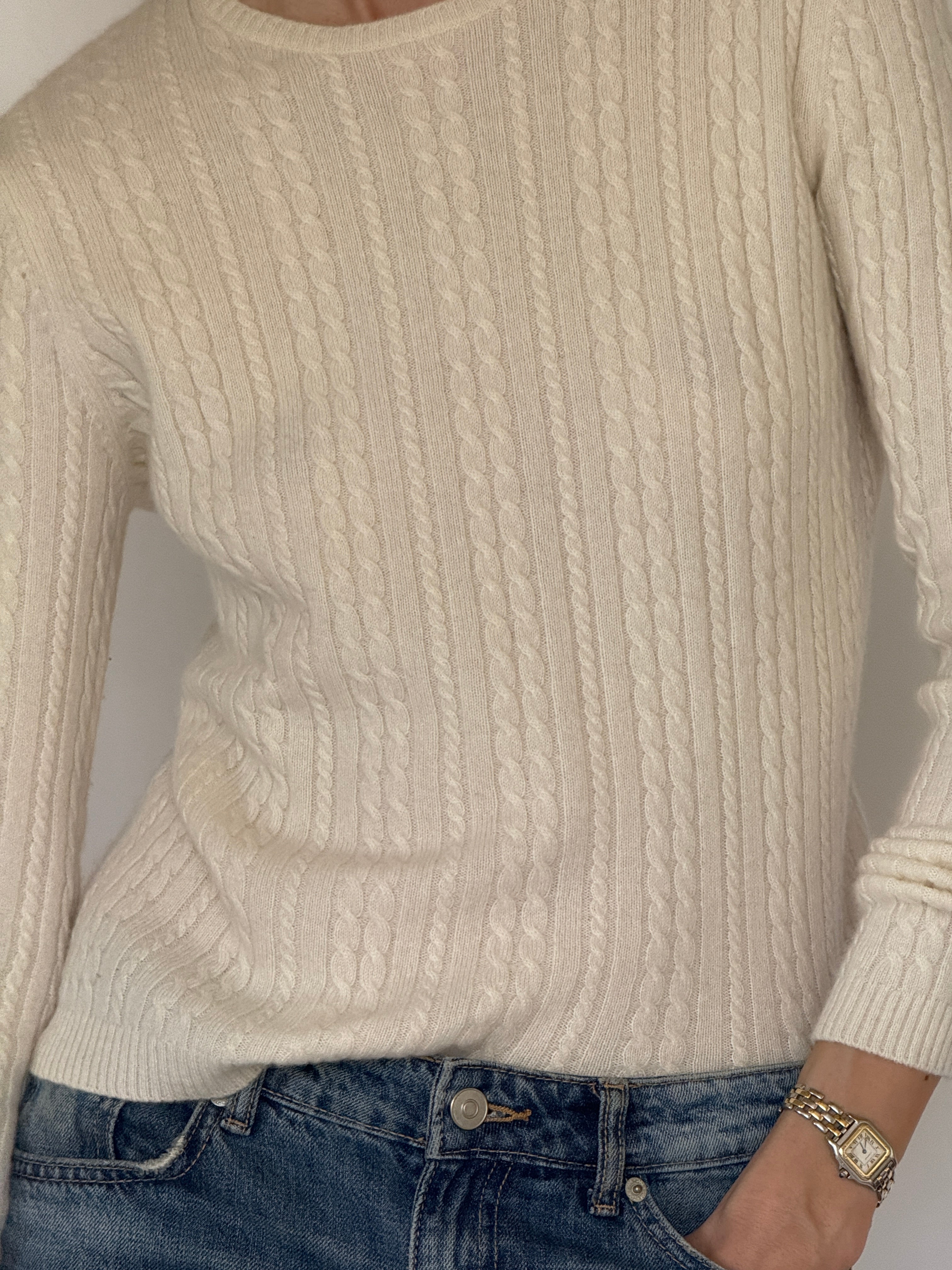 Vintage cream cashmere cable knit fabric close-up