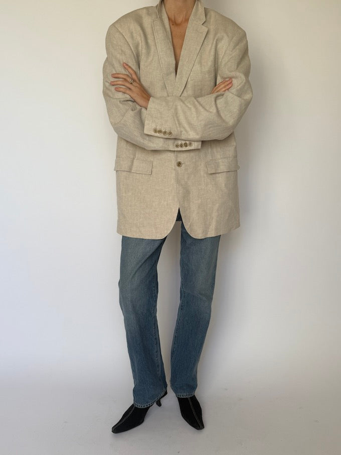Vintage Linen & Cotton Oversized Blazer in Beige 6601