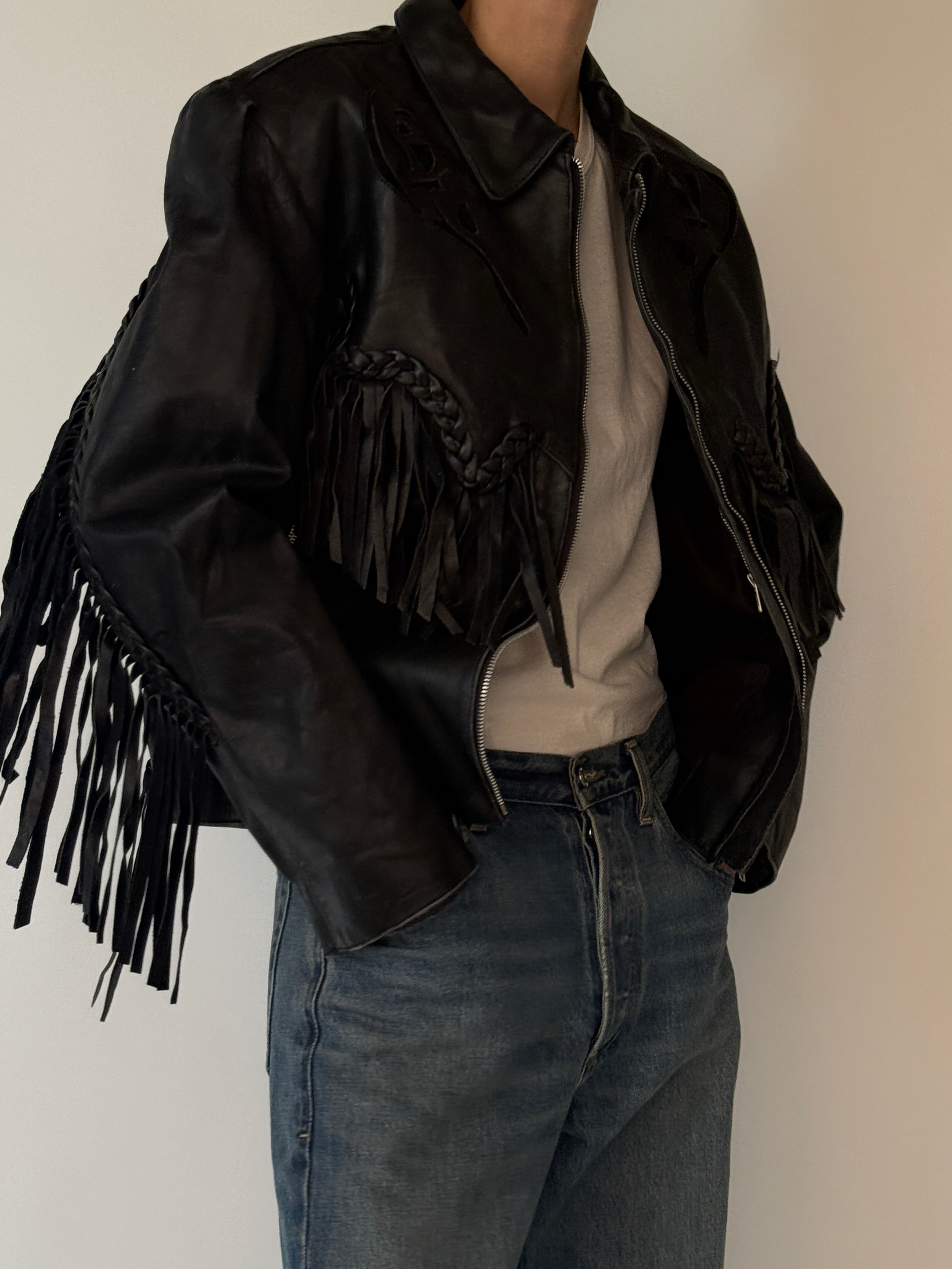 Vintage leather fringe jacket black side view