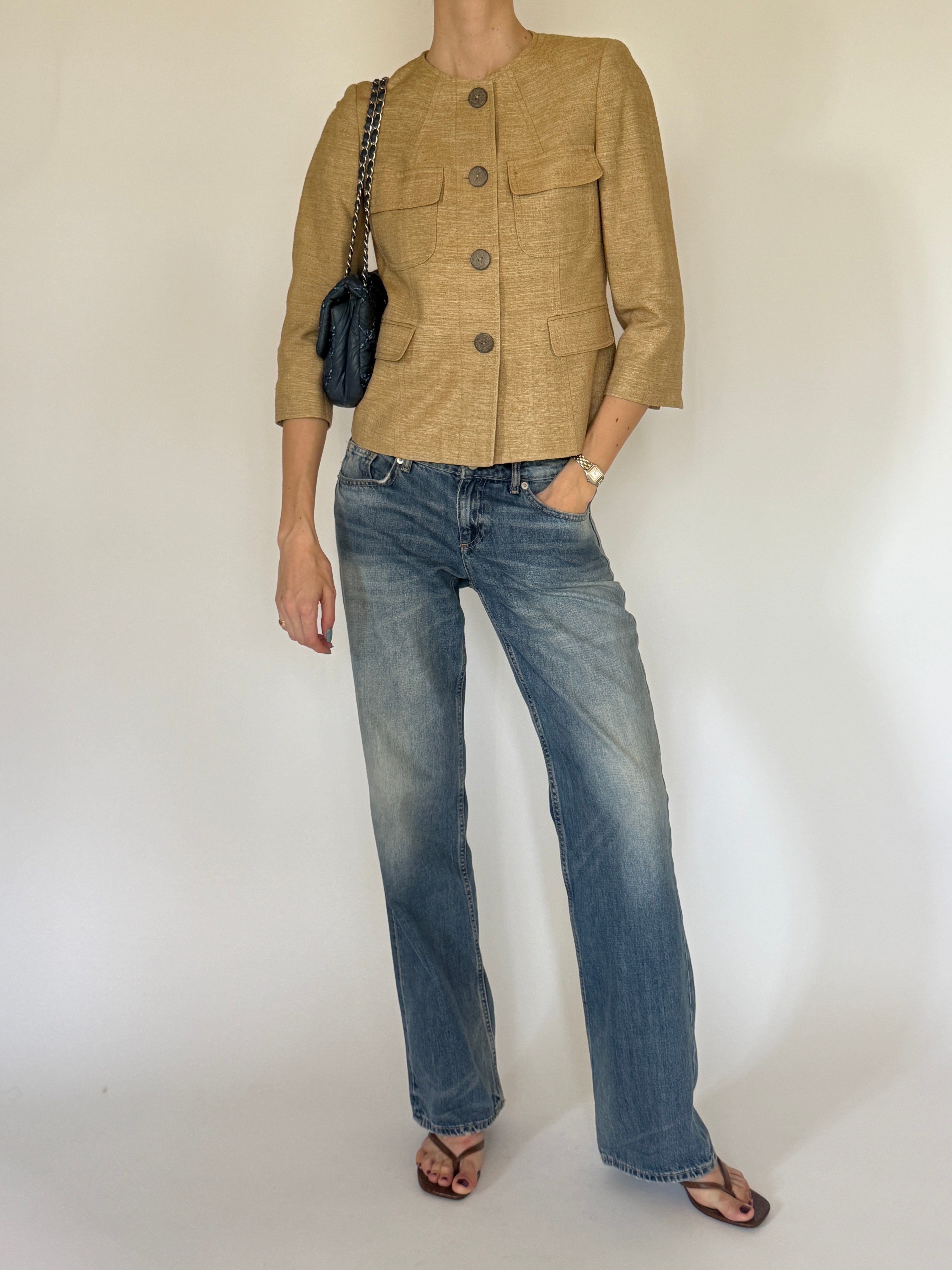 Vintage camel silk cropped jacket front view