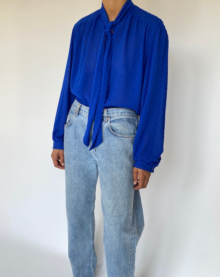 VINTAGE BLUE TIE BLOUSE 3316
