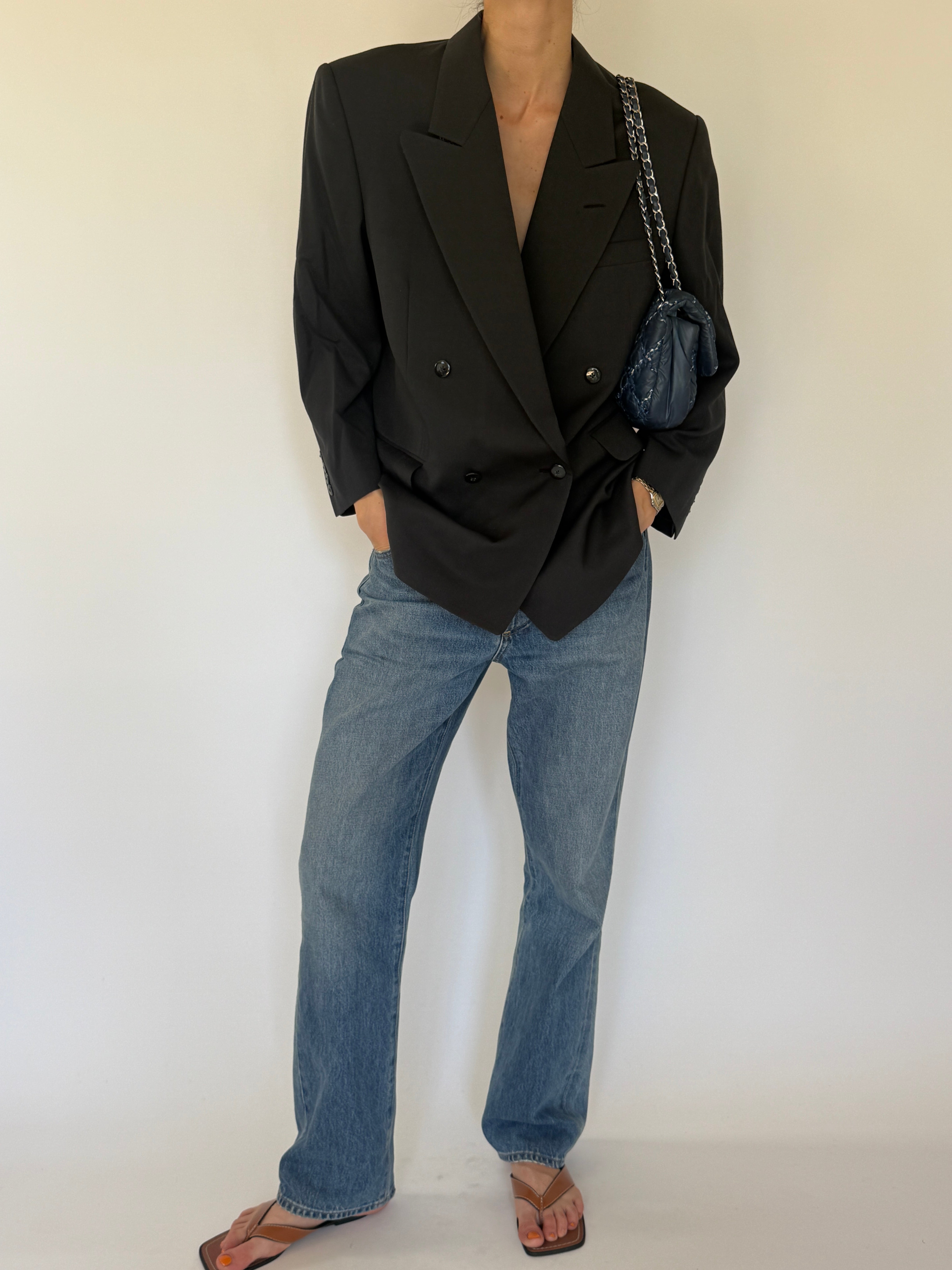 Vintage black double-breasted blazer lapel detail